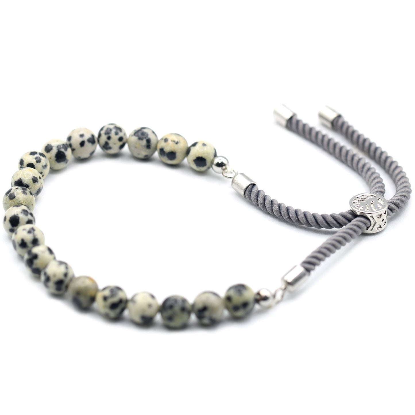 925 Silver Plated Gemstone Charcoal String Bracelet - Dalmatian Jasper - Luna Panther