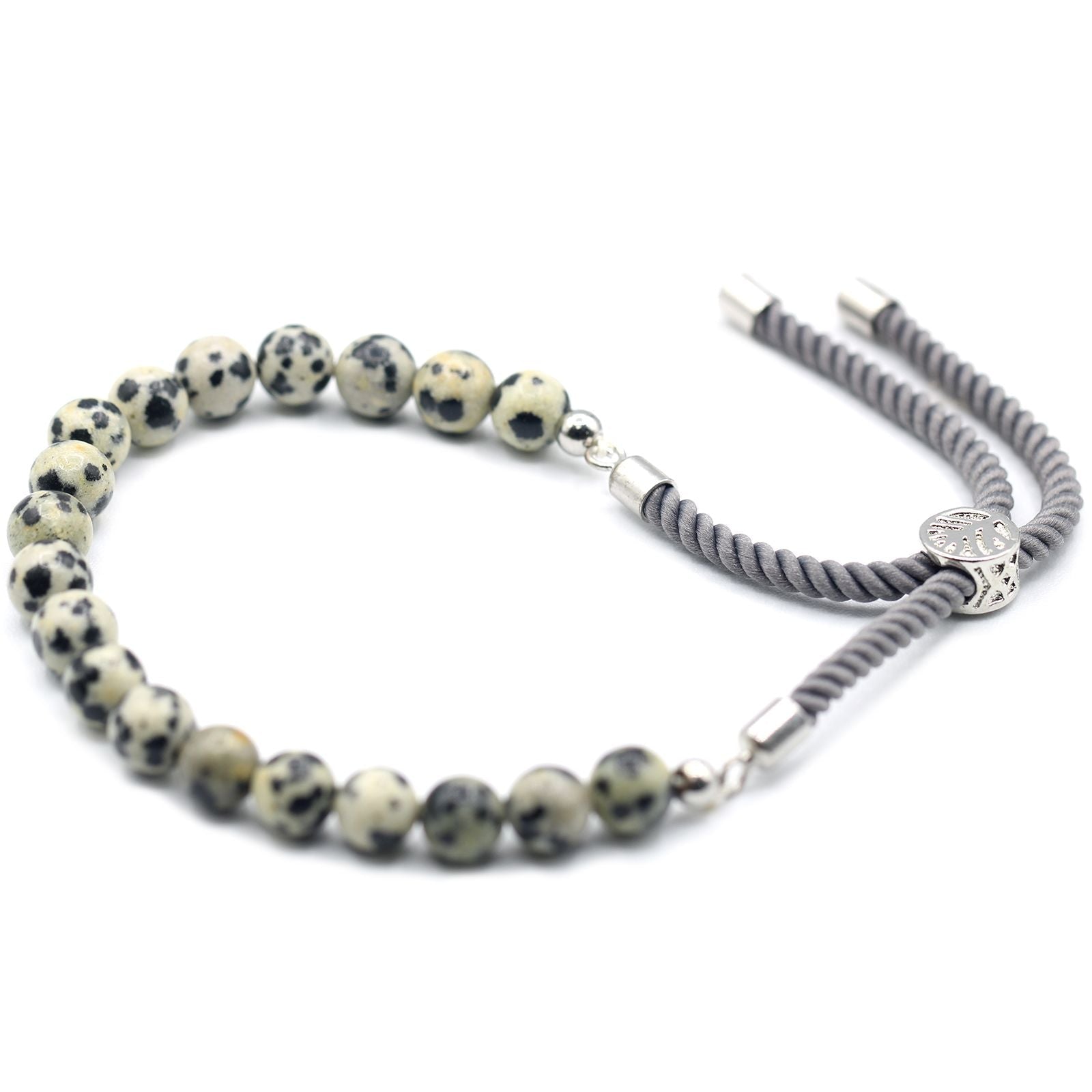 925 Silver Plated Gemstone Charcoal String Bracelet - Dalmatian Jasper - Luna Panther