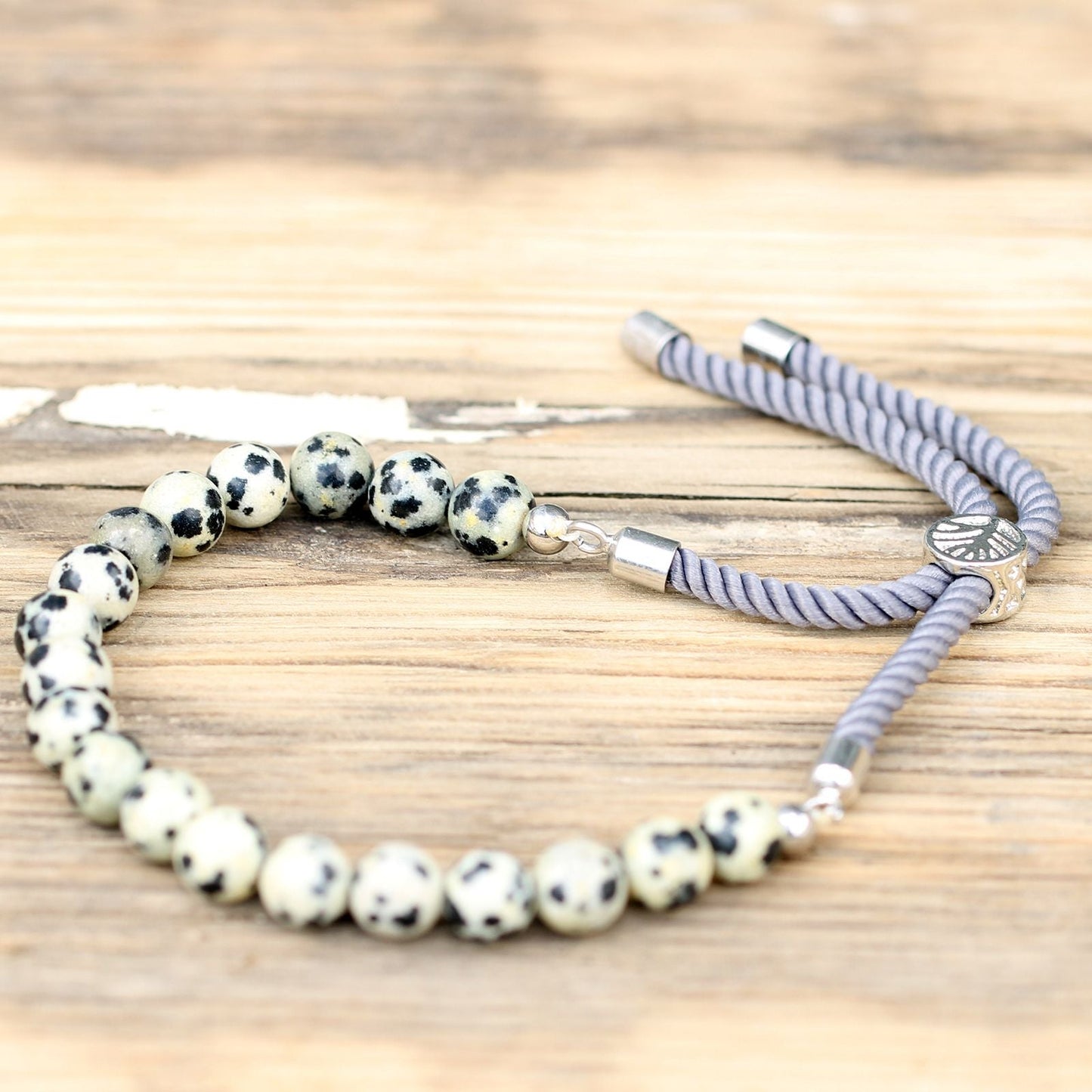 925 Silver Plated Gemstone Charcoal String Bracelet - Dalmatian Jasper - Luna Panther