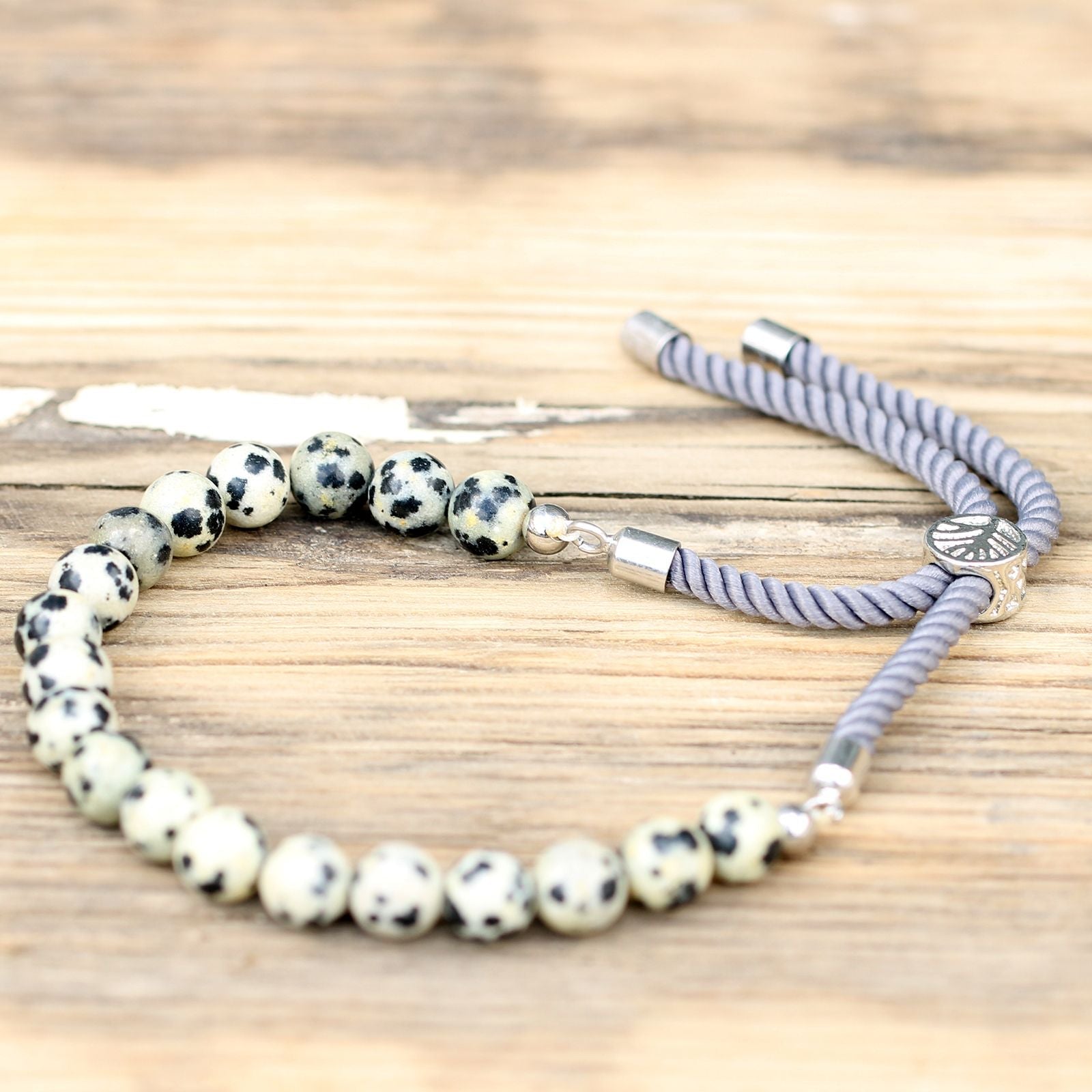 925 Silver Plated Gemstone Charcoal String Bracelet - Dalmatian Jasper - Luna Panther