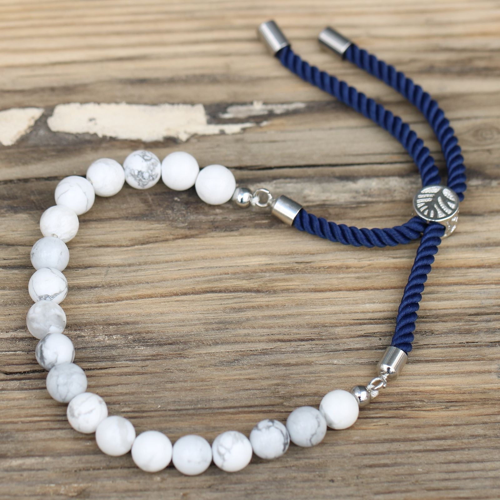 925 Silver Plated Gemstone Navy String Bracelet - White Howlite - Luna Panther