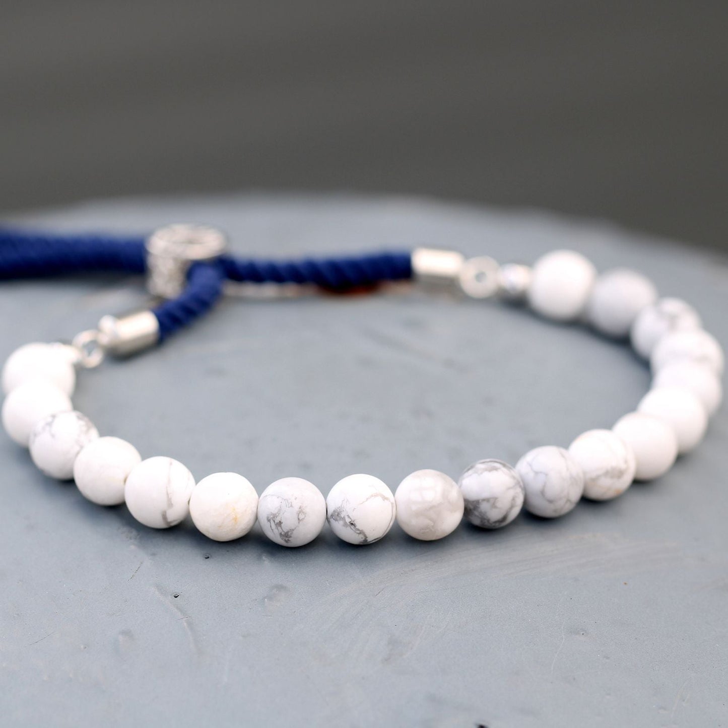 925 Silver Plated Gemstone Navy String Bracelet - White Howlite - Luna Panther