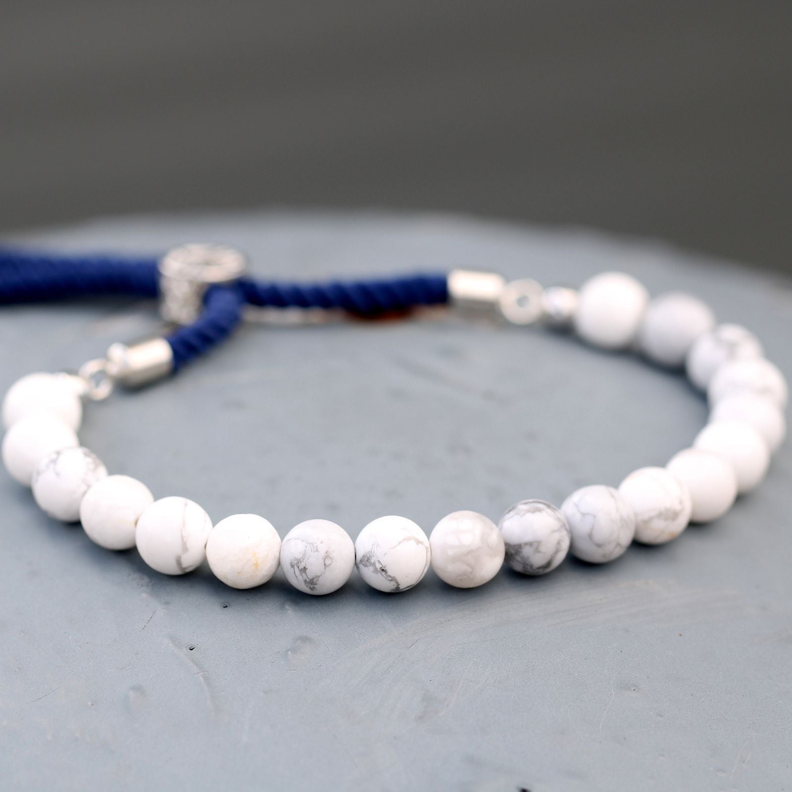 925 Silver Plated Gemstone Navy String Bracelet - White Howlite - Luna Panther