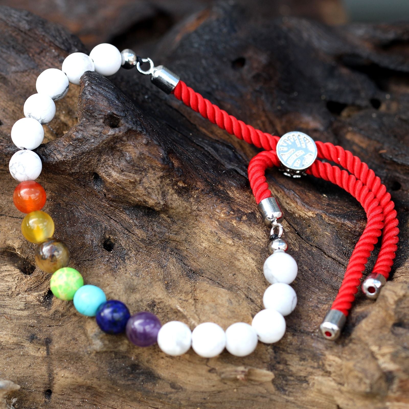 925 Silver Plated Gemstone Royal Red String Bracelet - White Howlite Chakra - Luna Panther