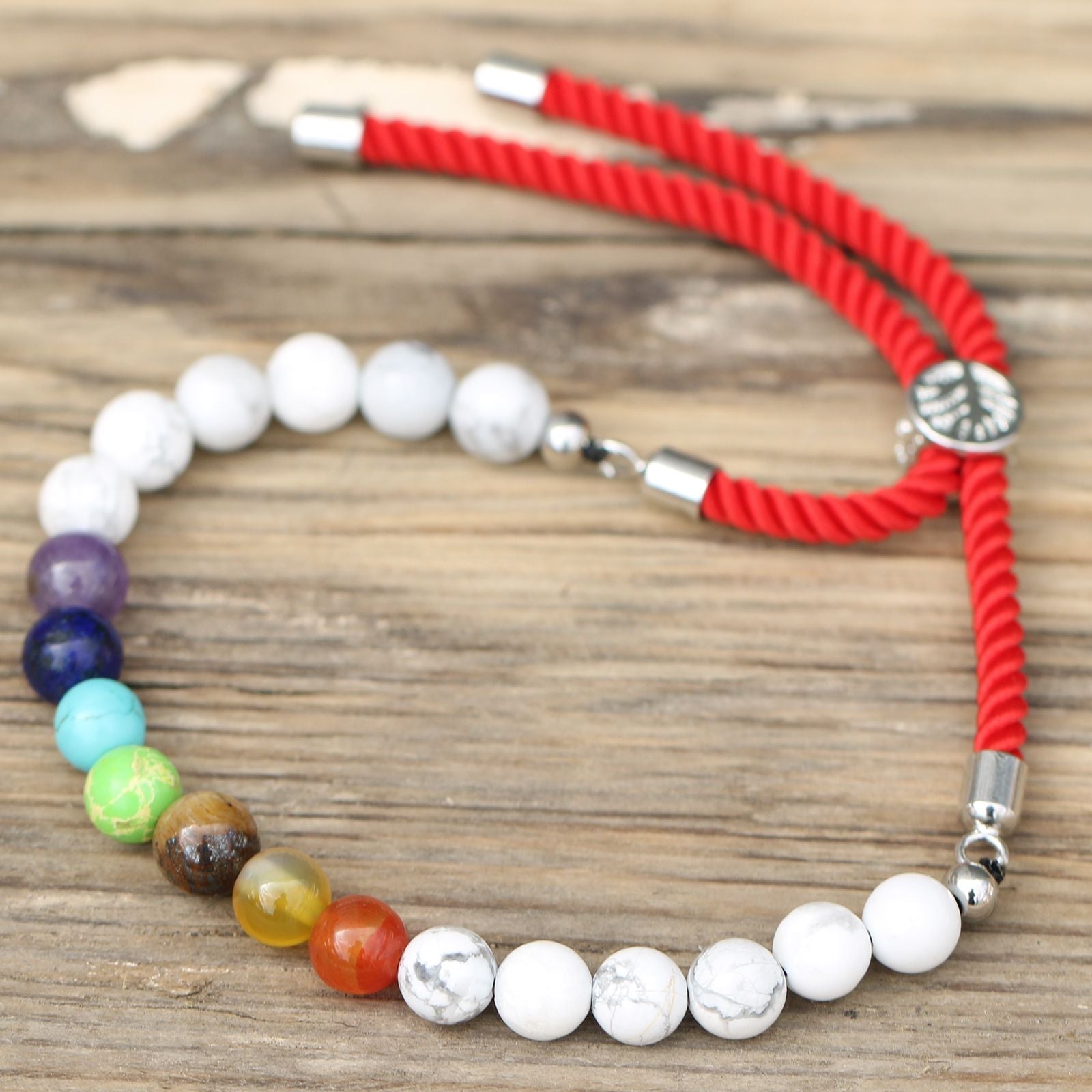 925 Silver Plated Gemstone Royal Red String Bracelet - White Howlite Chakra - Luna Panther