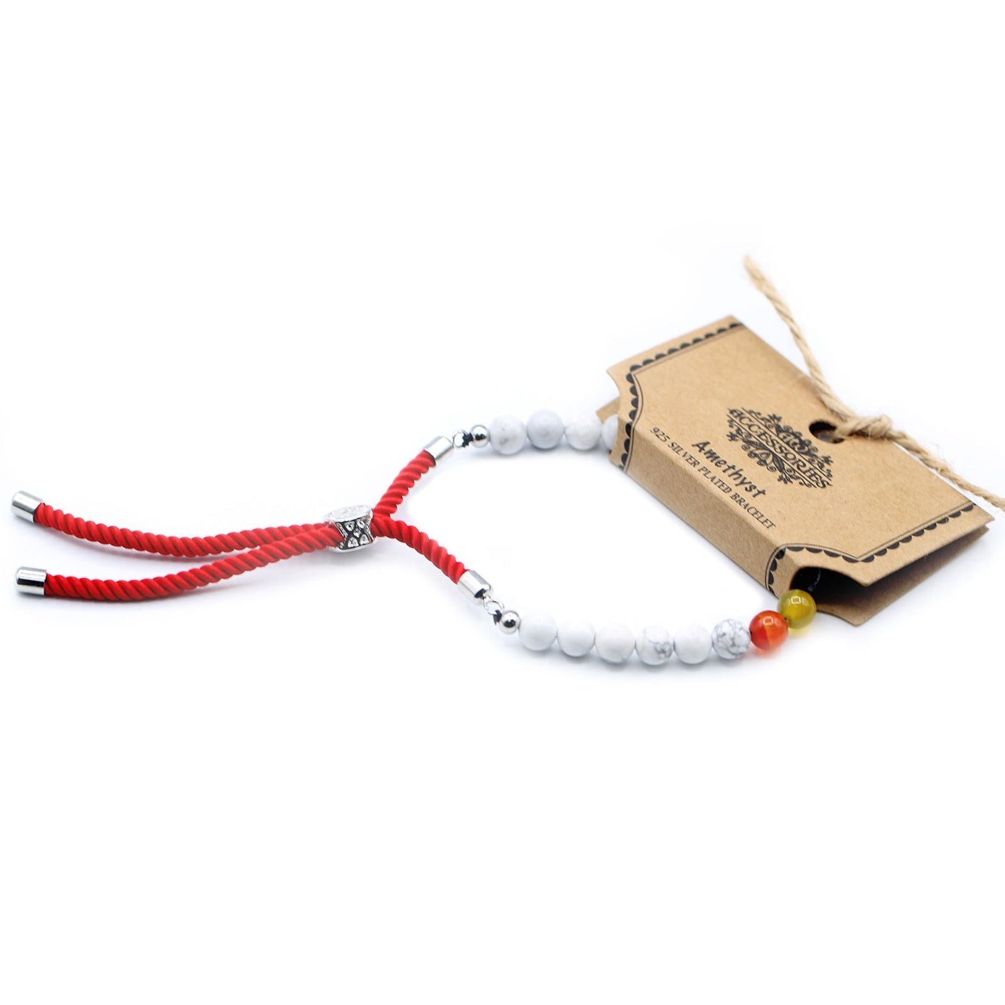 925 Silver Plated Gemstone Royal Red String Bracelet - White Howlite Chakra - Luna Panther