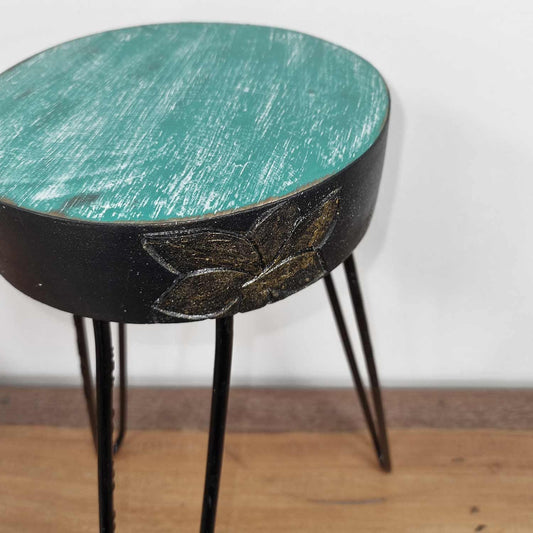 Albasia Wood Plant Stand - Turquoise & gold detail - Luna Panther alternate view