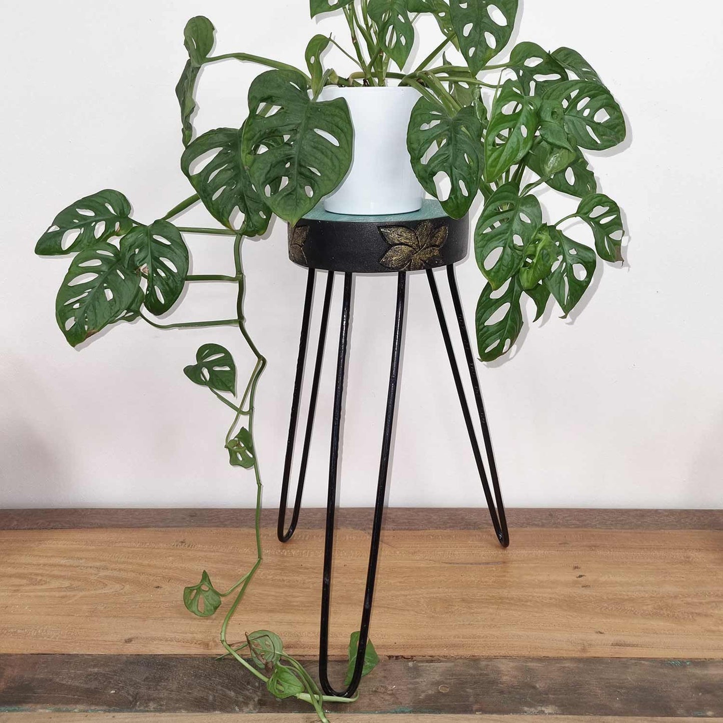 Albasia Wood Plant Stand - Turquoise & gold detail - Luna Panther