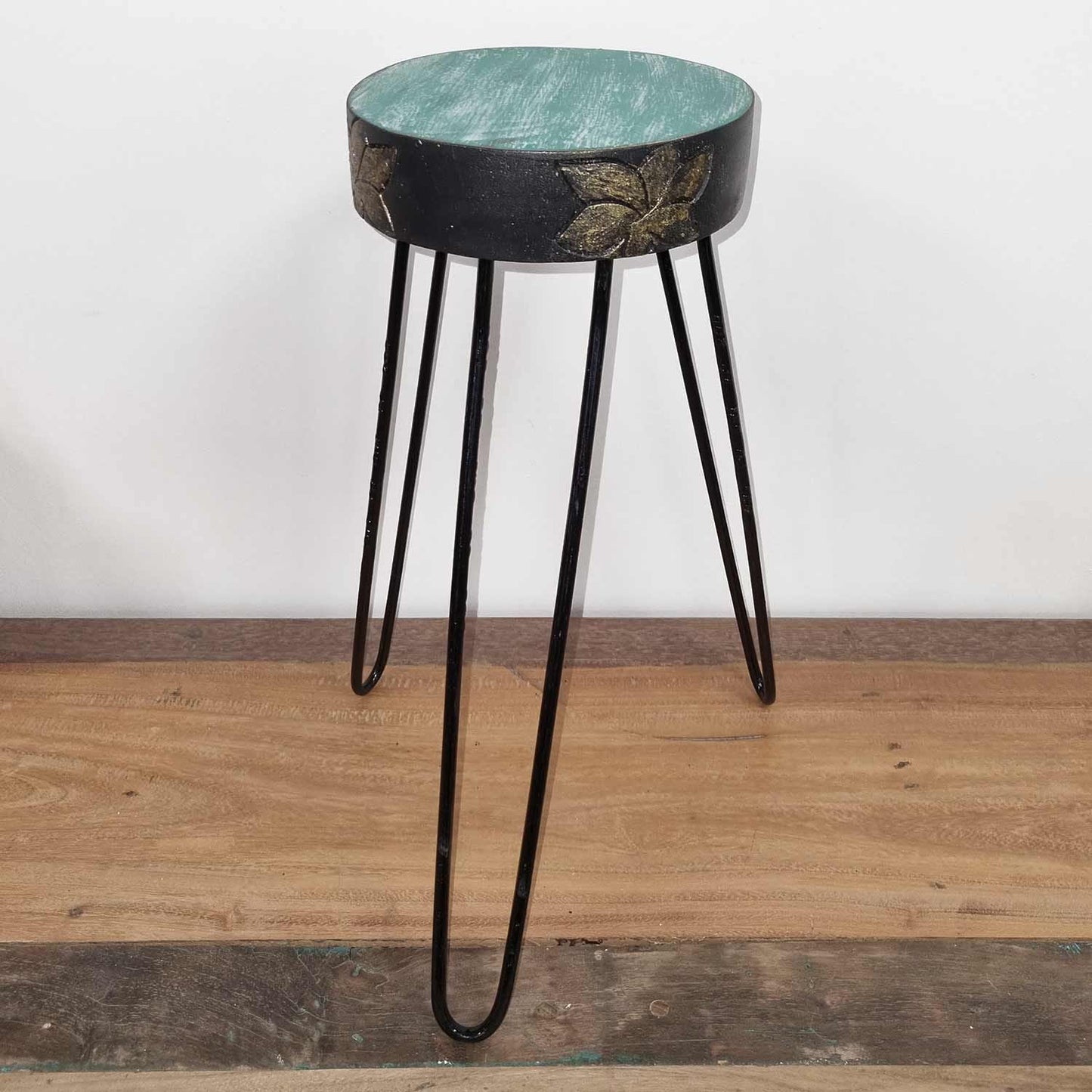 Albasia Wood Plant Stand - Turquoise & gold detail - Luna Panther