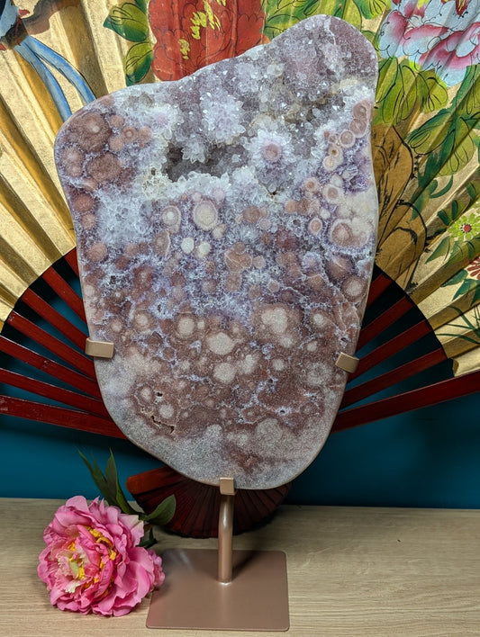 Polished Amethyst Slab - Orbit Flower Reddish Pink with Calcite on Stand 8258g featuring rich purple colour and natural clarity - Luna Panther