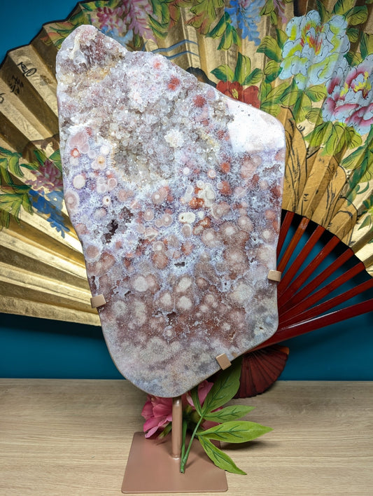 Polished Amethyst Slab - Orbit Flower Reddish Pink with Calcite on Stand 9568g featuring rich purple colour and natural clarity - Luna Panther