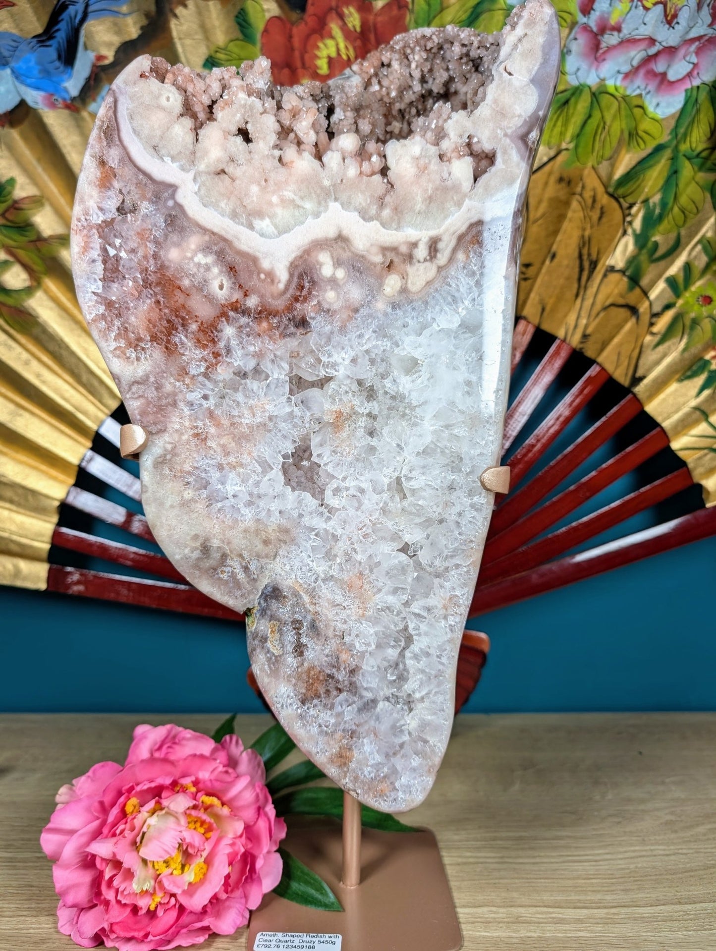 Polished Amethyst slab reddish with clear quartz on stand 5450g featuring clear transparency and light-catching facets - Luna Panther