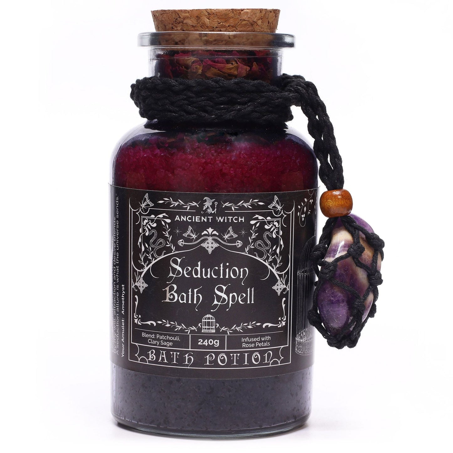 Ancient Witch Bath Spell Potion & Amethyst Crystal Amulet - Seduction - Luna Panther