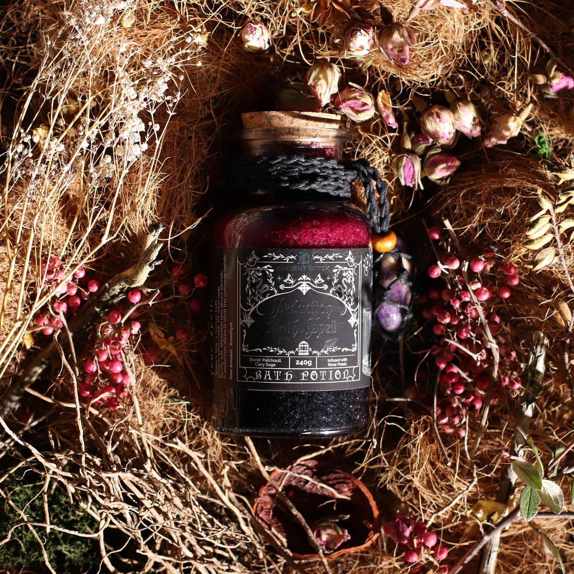Ancient Witch Bath Spell Potion & Amethyst Crystal Amulet - Seduction - Luna Panther