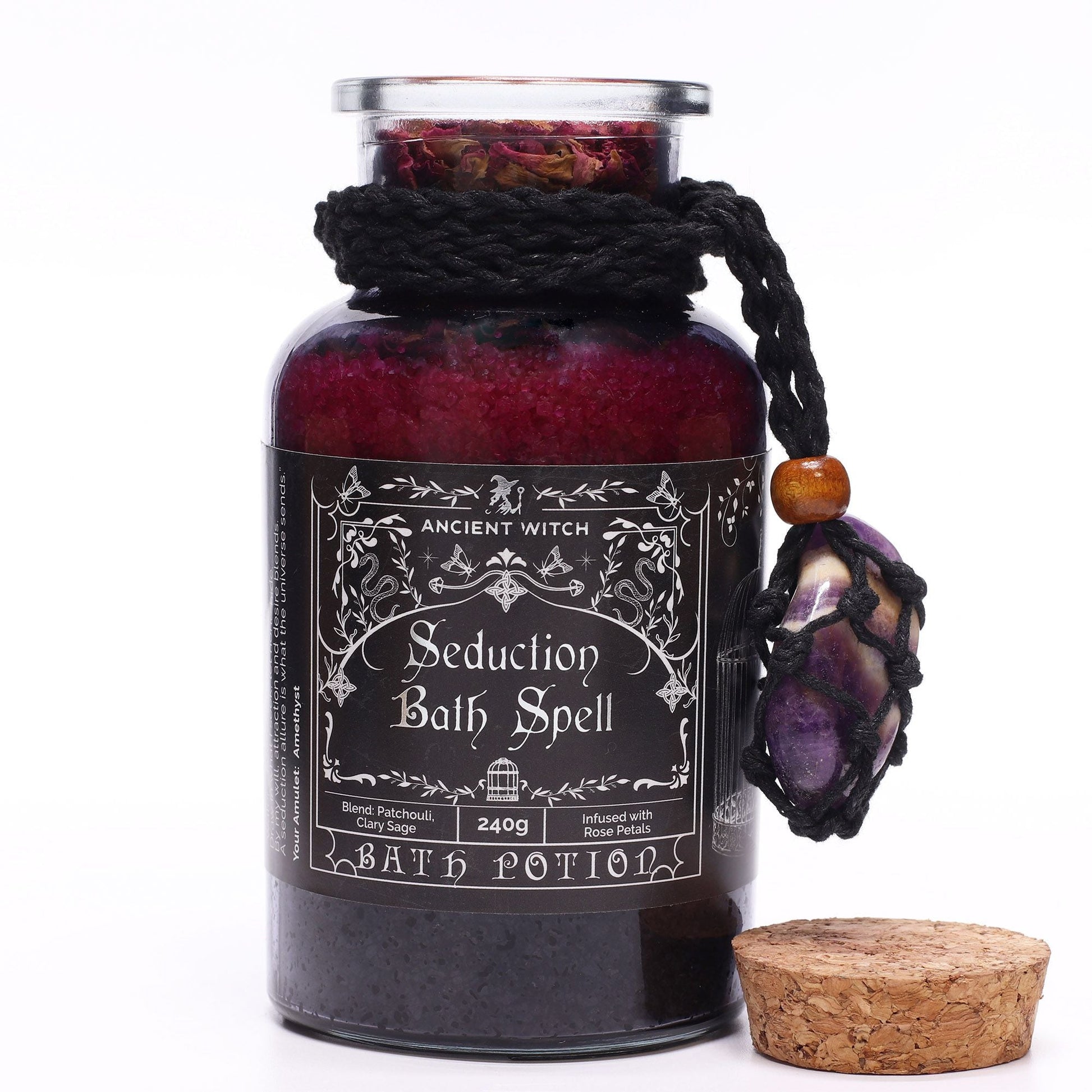 Ancient Witch Bath Spell Potion & Amethyst Crystal Amulet - Seduction - Luna Panther