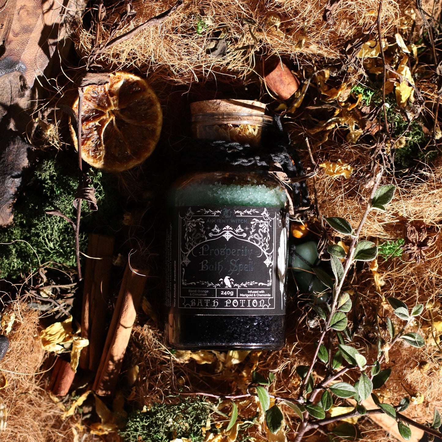 Ancient Witch Bath Spell Potion & Aventurine Crystal Amulet - Prosperity - Luna Panther