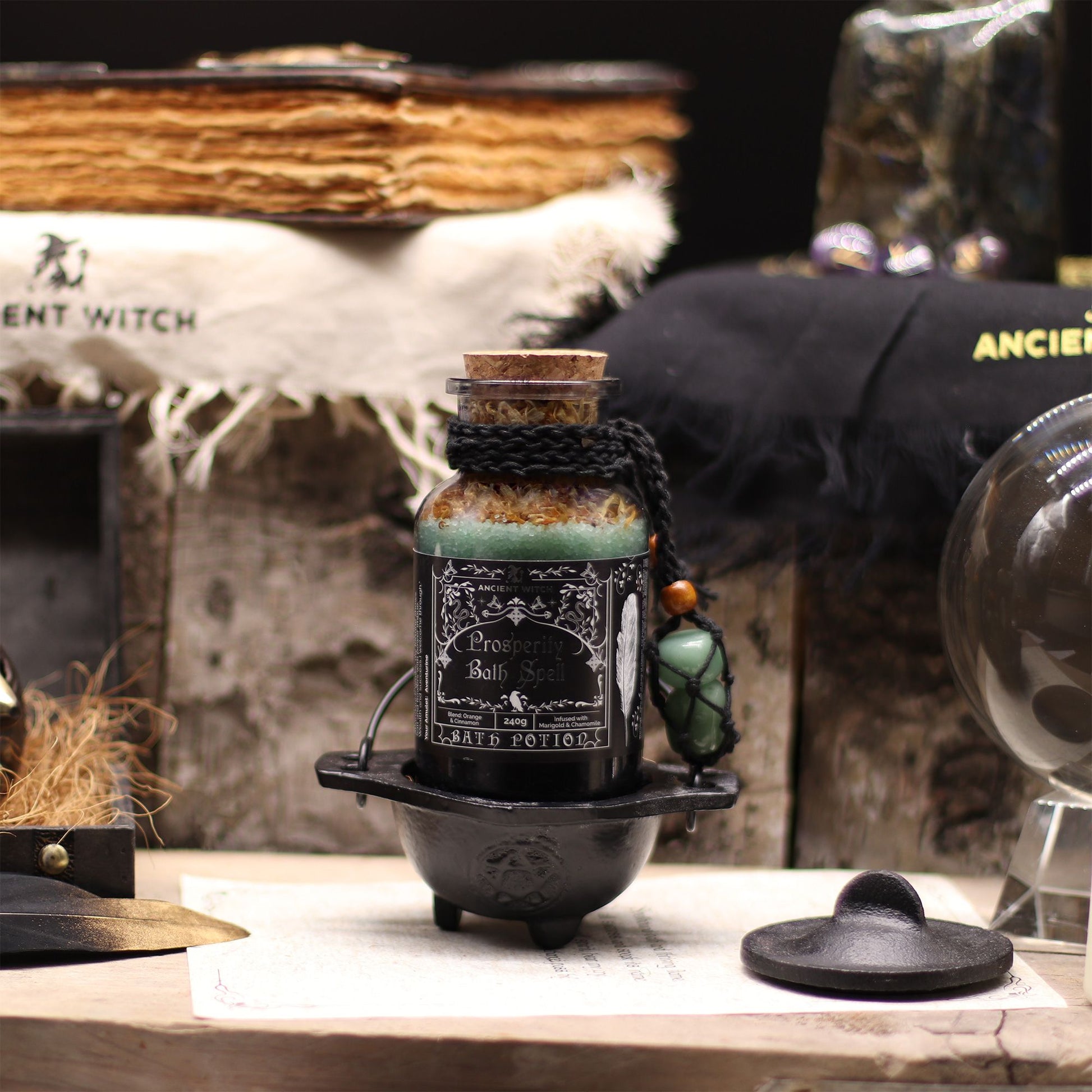 Ancient Witch Bath Spell Potion & Aventurine Crystal Amulet - Prosperity - Luna Panther