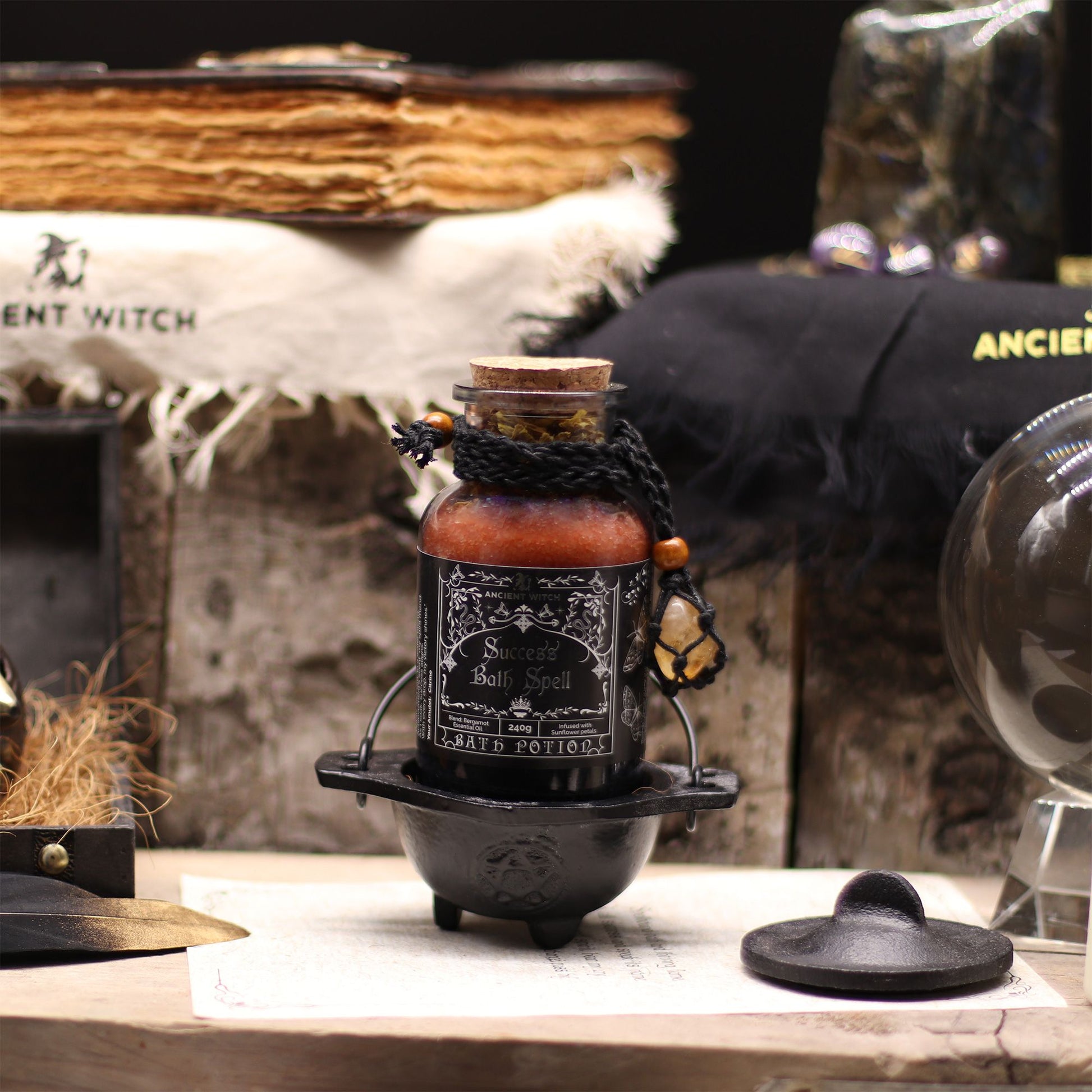 Ancient Witch Bath Spell Potion & Citrine Crystal Amulet - Success - Luna Panther