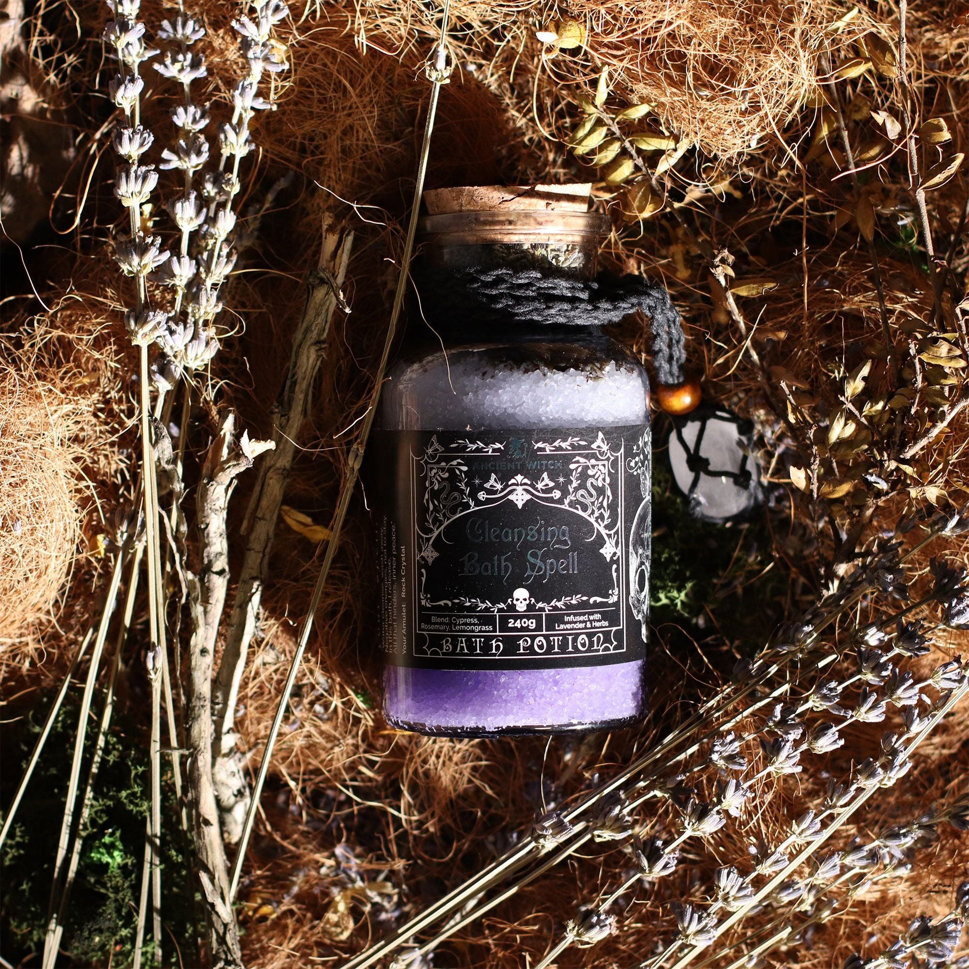 Ancient Witch Bath Spell Potion & Rock Crystal Amulet - Cleansing - Luna Panther