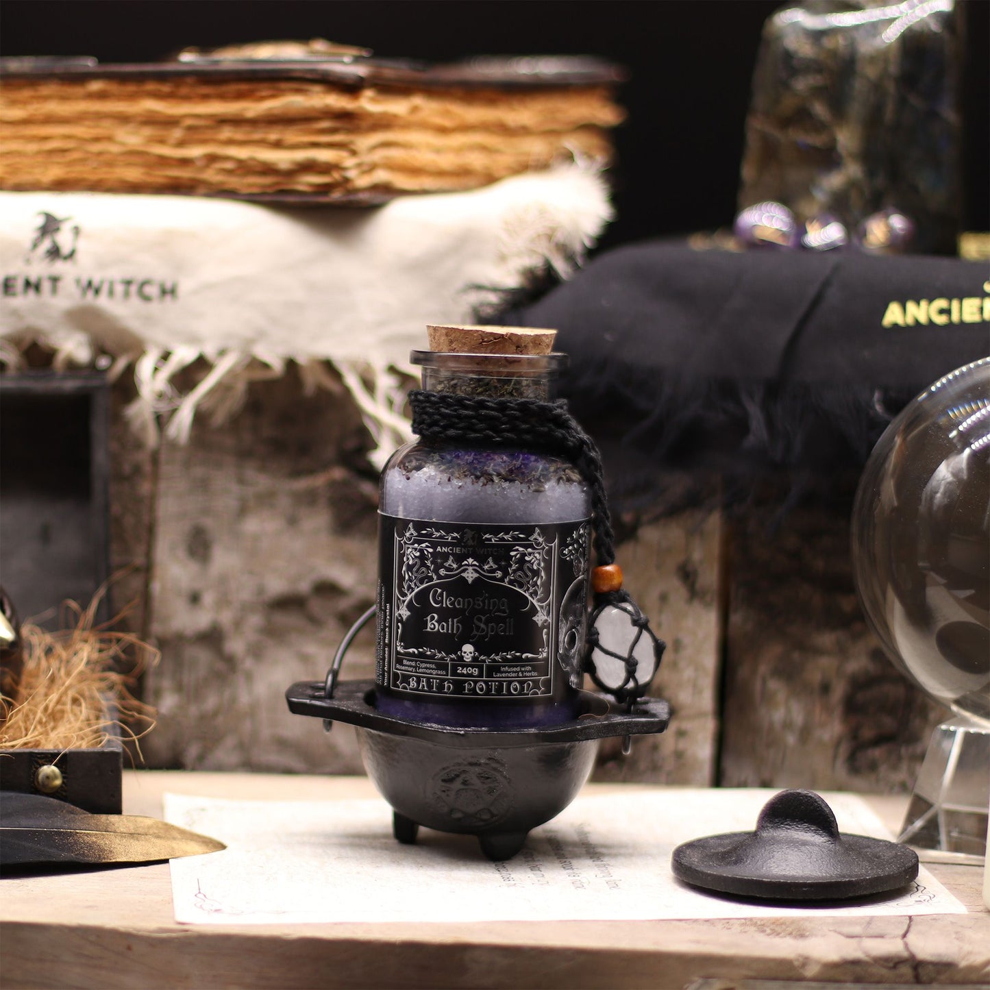 Ancient Witch Bath Spell Potion & Rock Crystal Amulet - Cleansing - Luna Panther