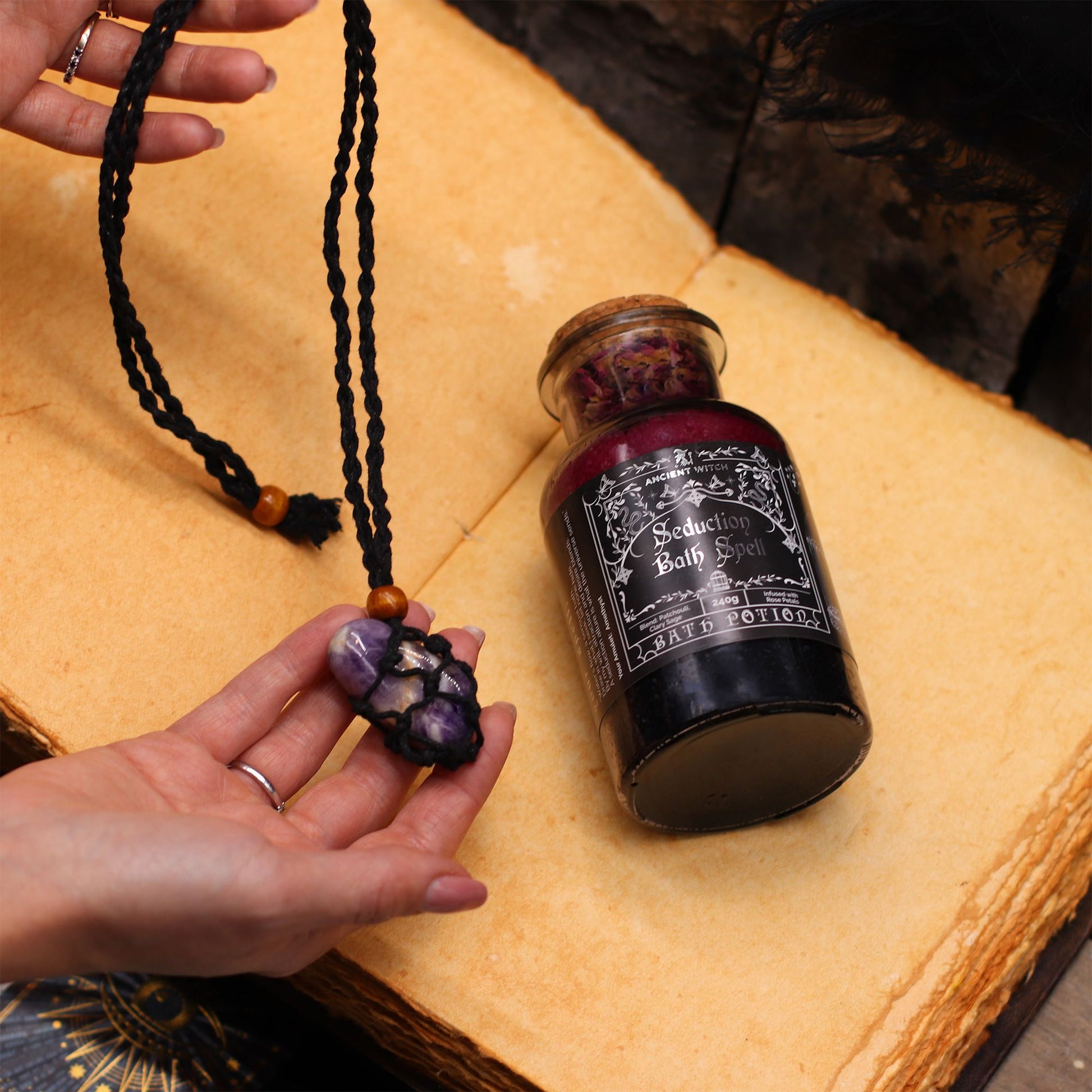 Ancient Witch Bath Spell Potion & Rock Crystal Amulet - Cleansing - Luna Panther