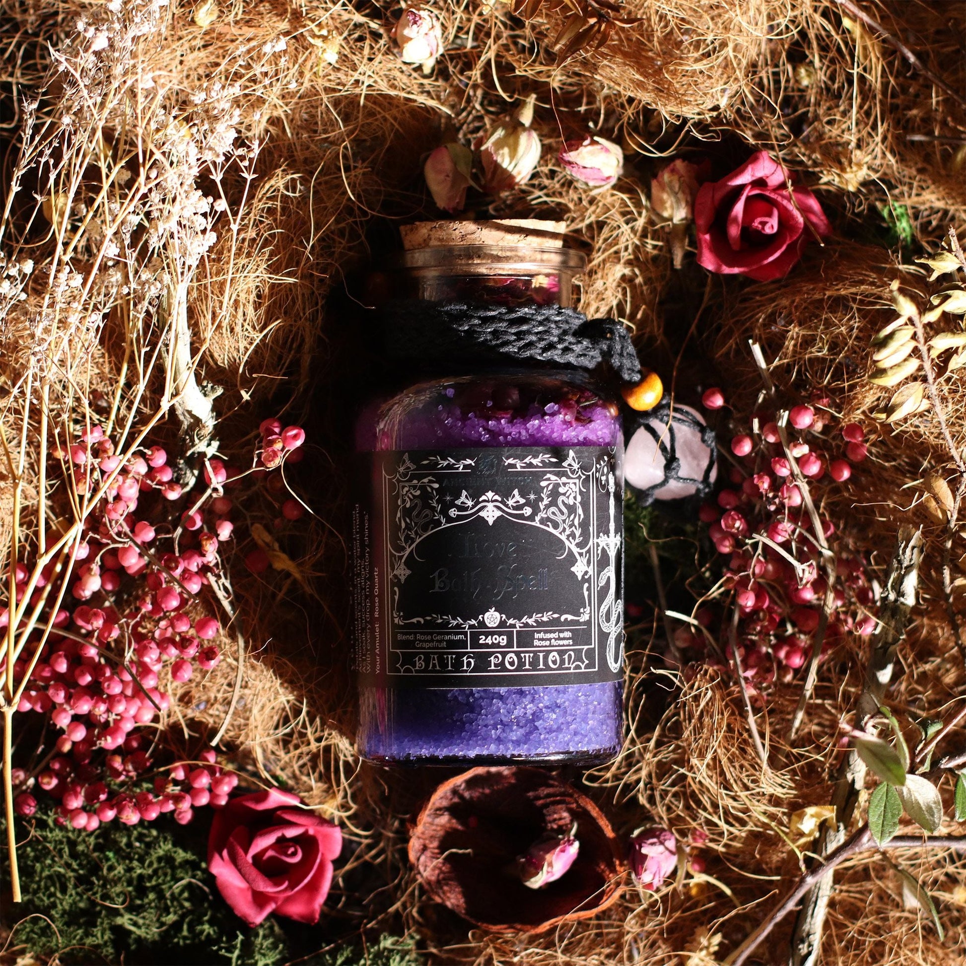 Ancient Witch Bath Spell Potion & Rose Quartz Crystal Amulet - Love - Luna Panther