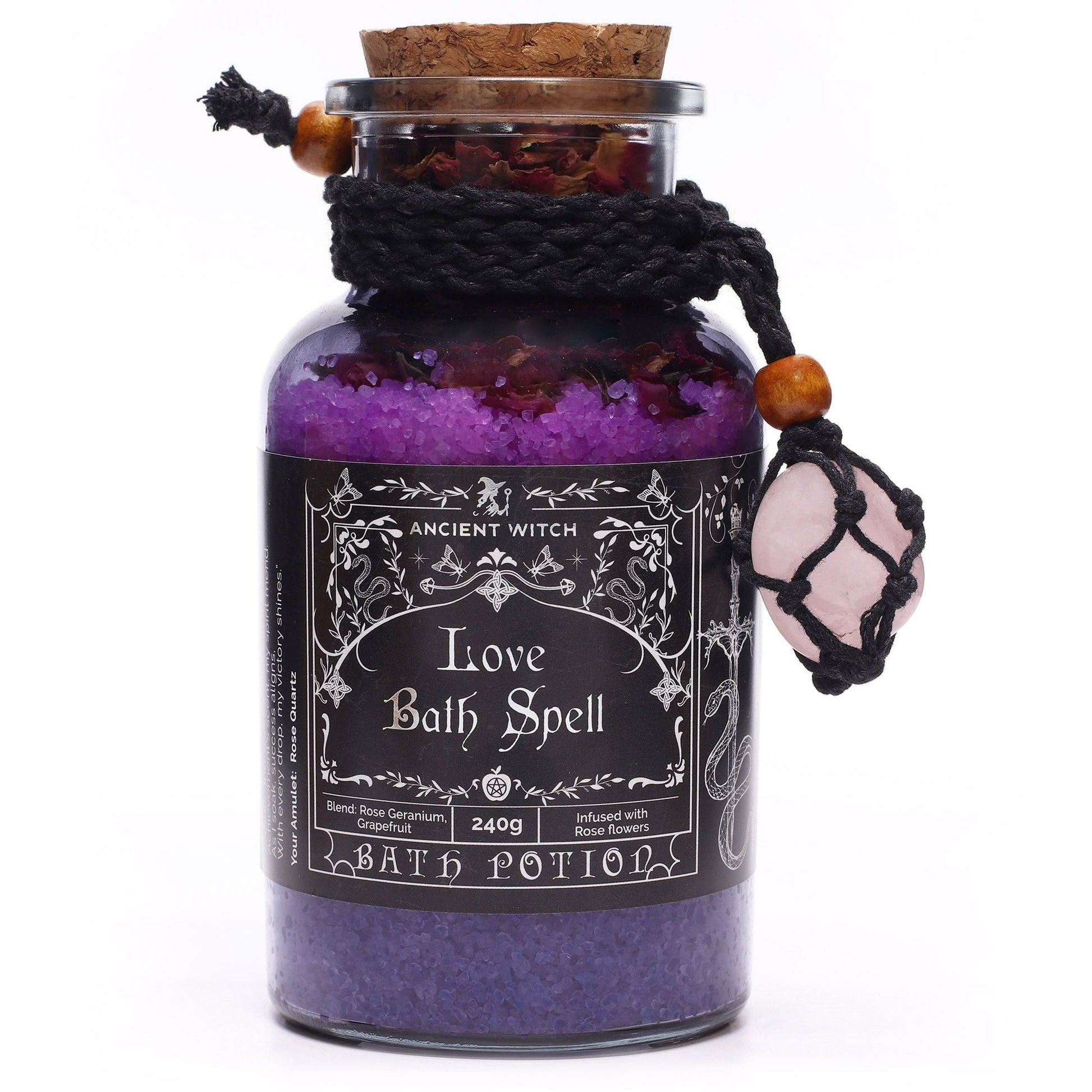 Ancient Witch Bath Spell Potion & Rose Quartz Crystal Amulet - Love - Luna Panther