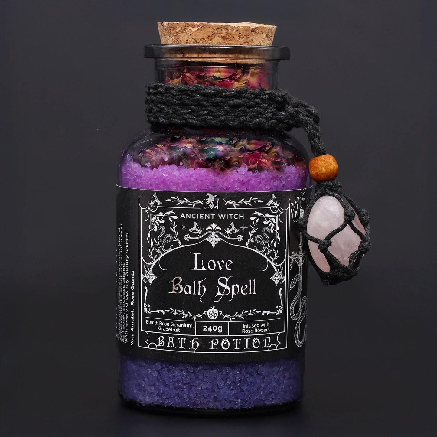 Ancient Witch Bath Spell Potion & Rose Quartz Crystal Amulet - Love - Luna Panther