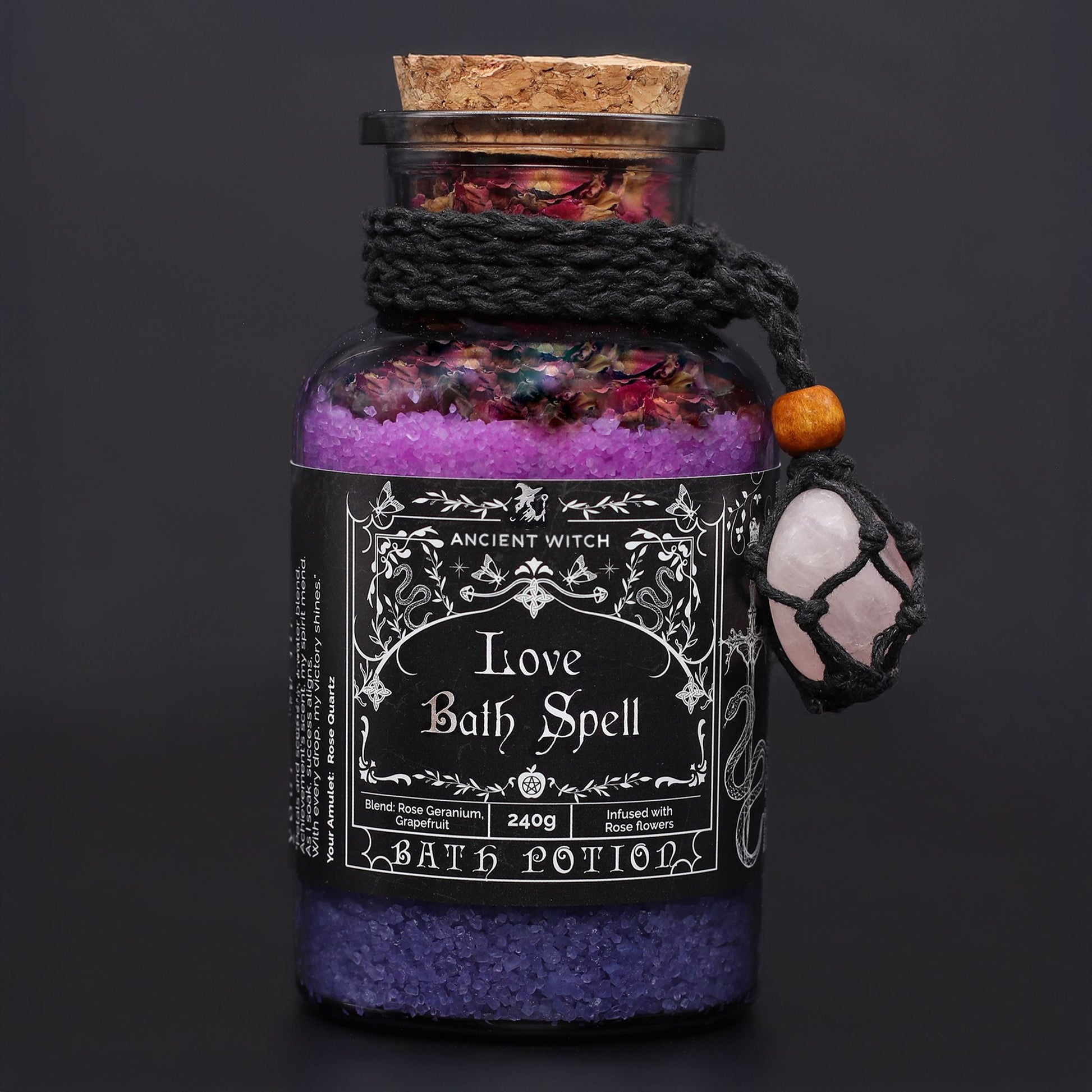 Ancient Witch Bath Spell Potion & Rose Quartz Crystal Amulet - Love - Luna Panther