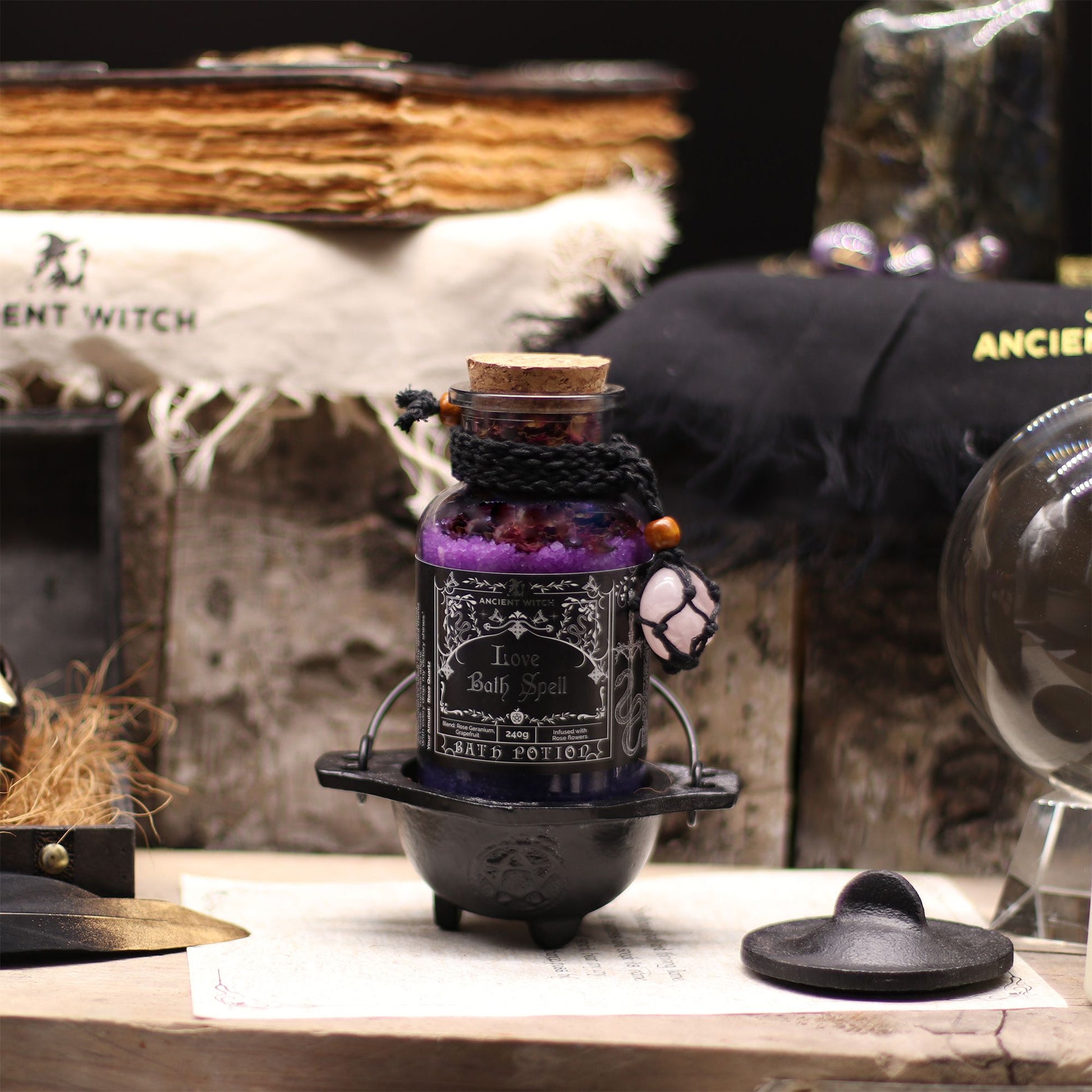 Ancient Witch Bath Spell Potion & Rose Quartz Crystal Amulet - Love - Luna Panther