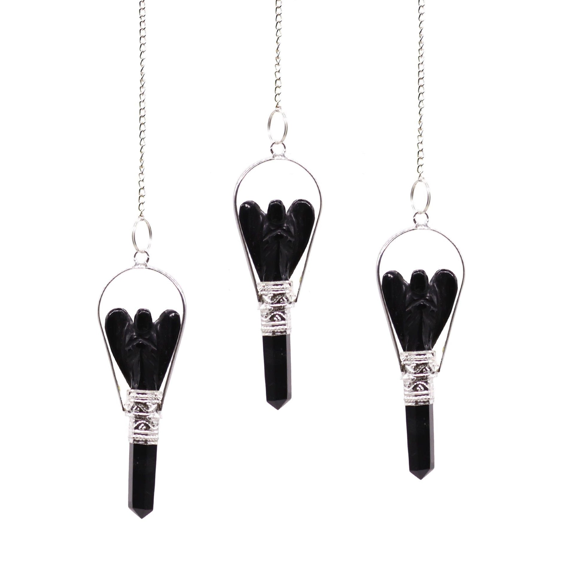 Polished Angel Pendulum with Ring- Black Agate featuring banded patterns and glossy finish - Luna Panther