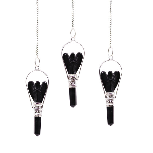 Polished Angel Pendulum with Ring- Black Agate featuring banded patterns and glossy finish - Luna Panther