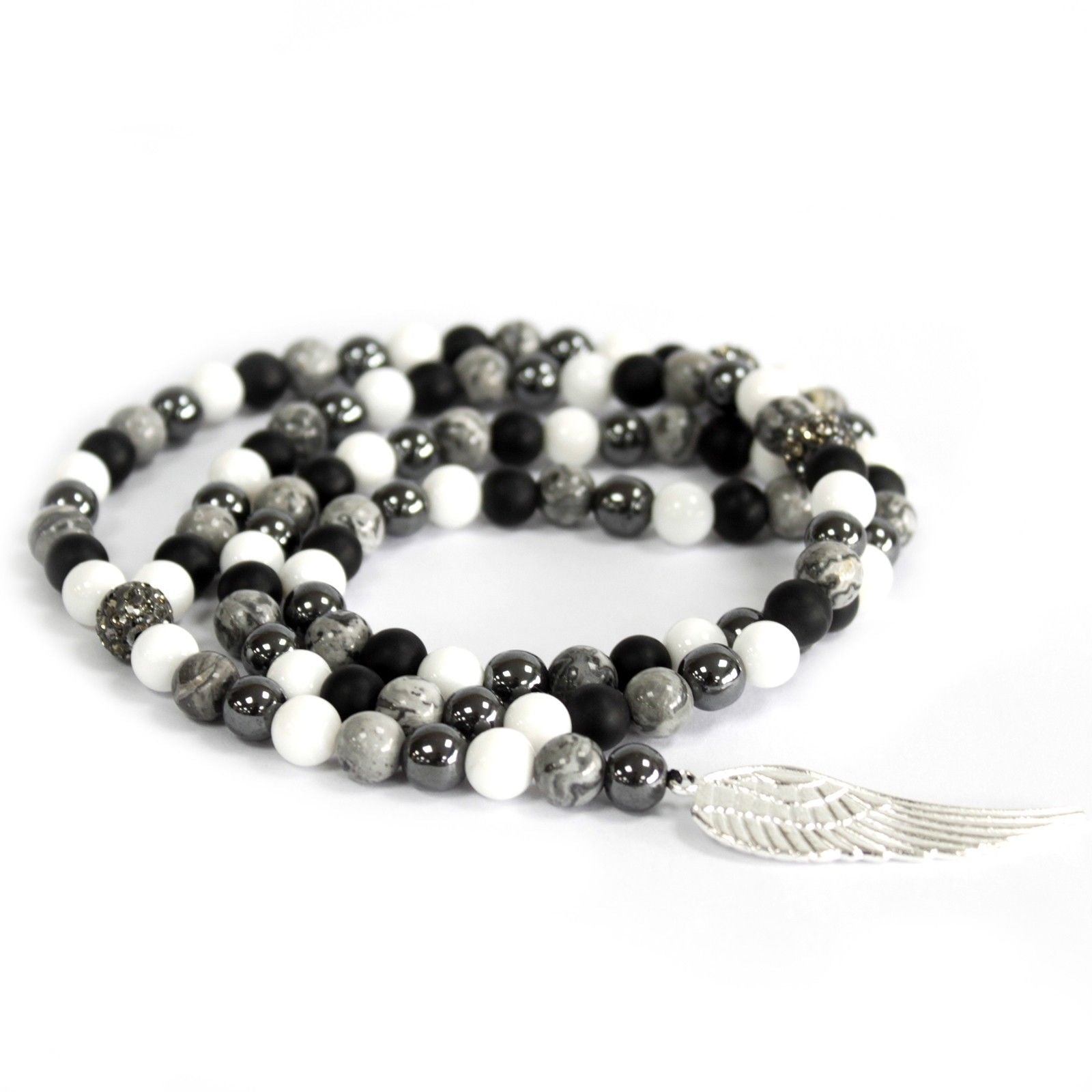 Polished Angel Wing / Grey Agate - Gemstone Necklace featuring banded patterns and glossy finish - Luna Panther