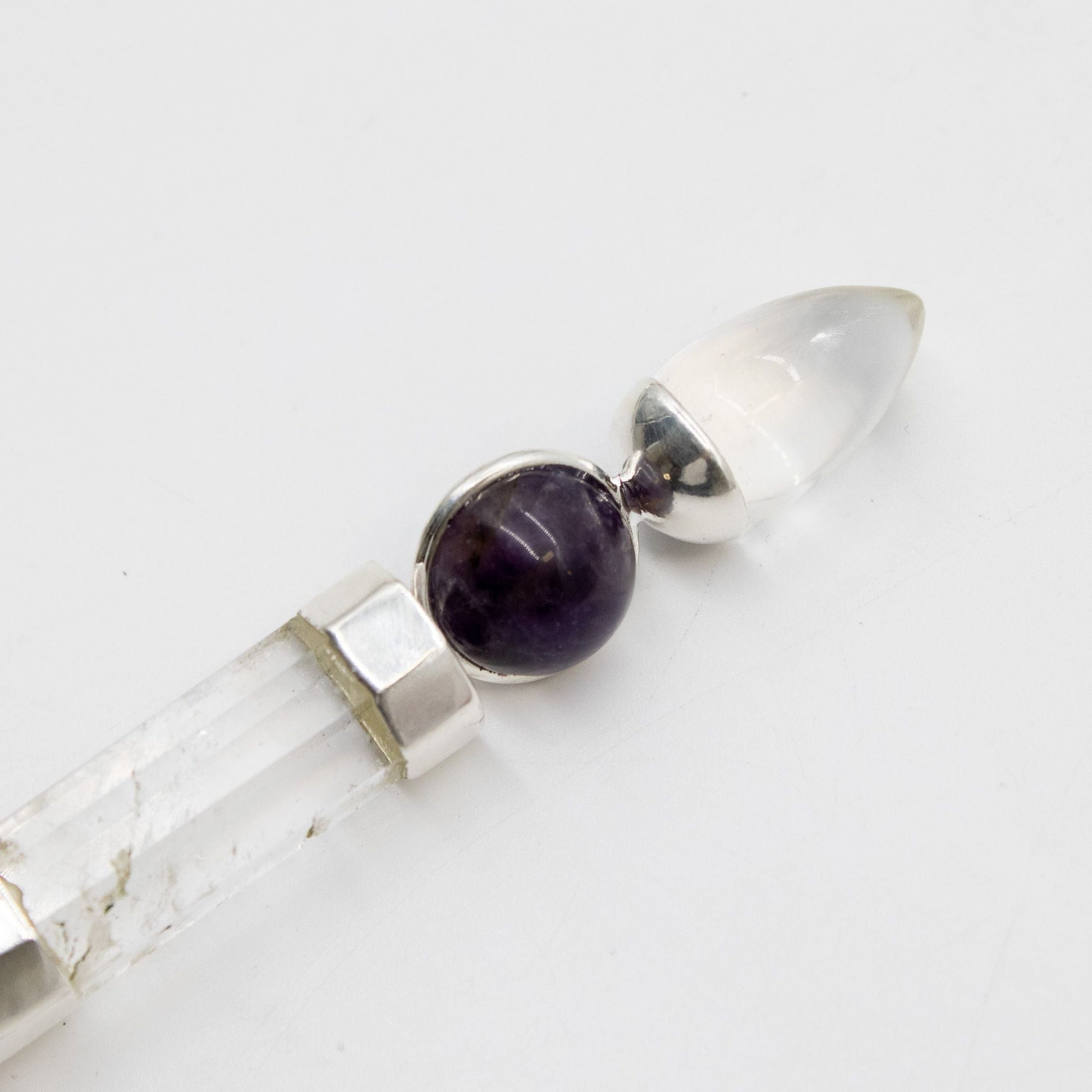 Axis of Grace Wand – Amethyst & Rose Quartz Spheres, Quartz Stem – 12 cm - Luna Panther