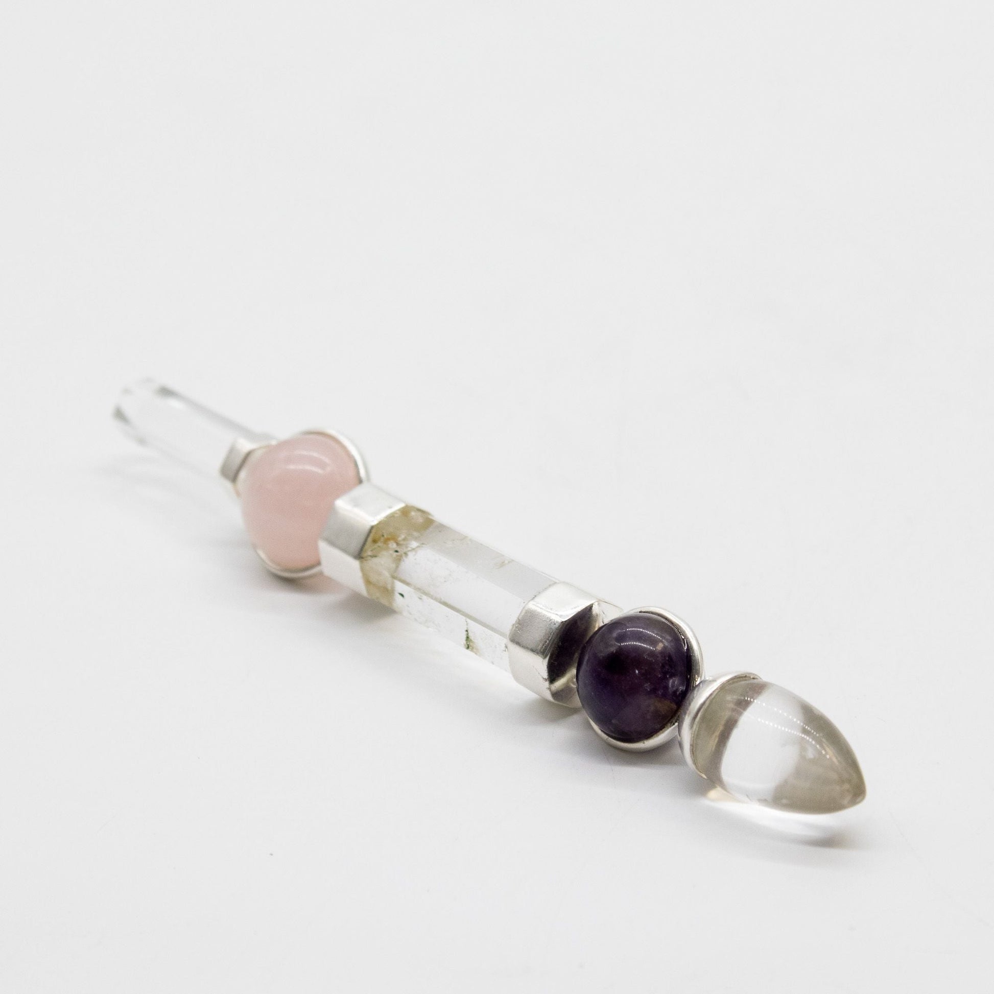 Axis of Grace Wand – Amethyst & Rose Quartz Spheres, Quartz Stem – 12 cm - Luna Panther