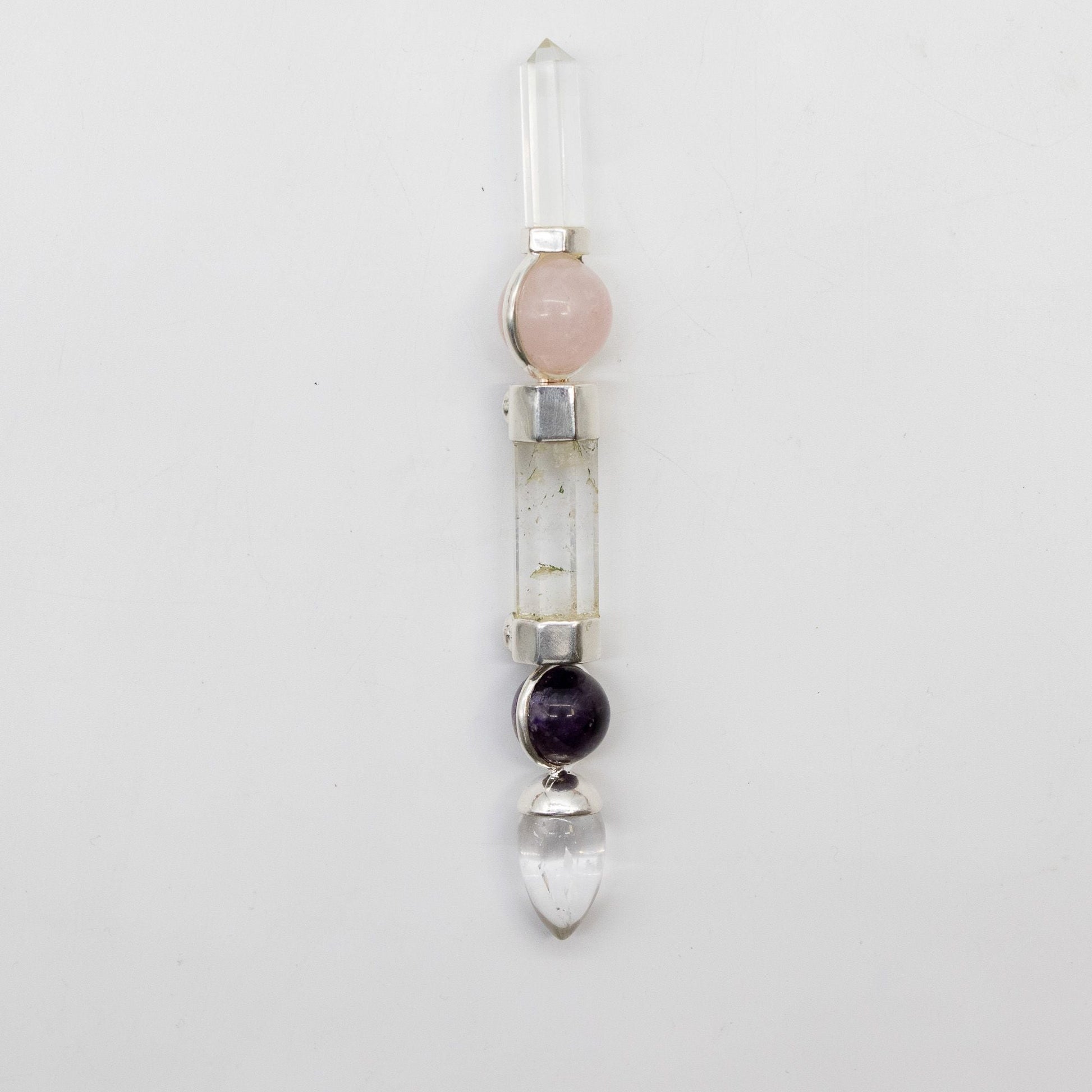 Axis of Grace Wand – Amethyst & Rose Quartz Spheres, Quartz Stem – 12 cm - Luna Panther