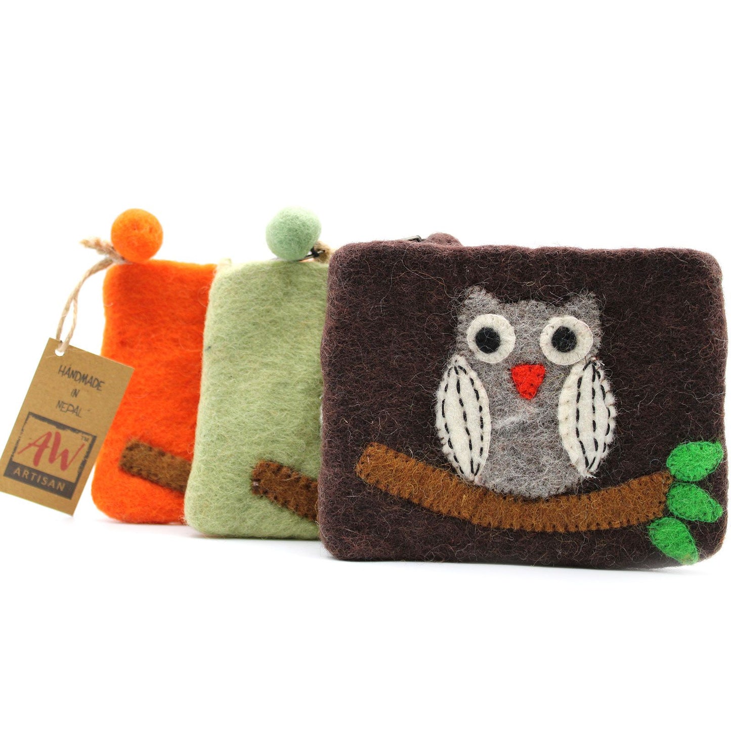 Natural Felt Zipper Pouches – Owl on Branch – image 1