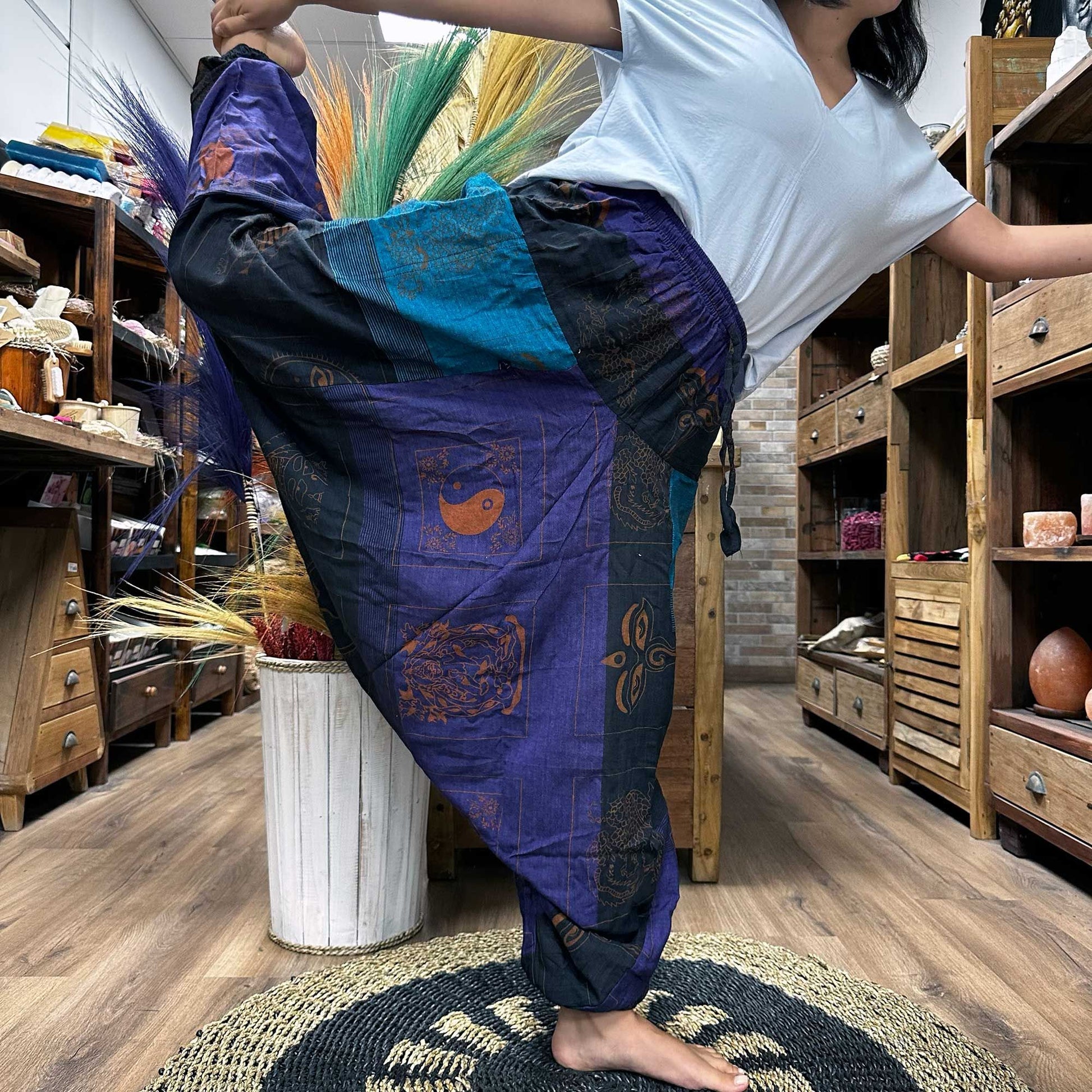 Polished Yoga and Festival Pants - Aladdin Himalayan Print on Purple featuring natural patterning and unique variations - Luna Panther