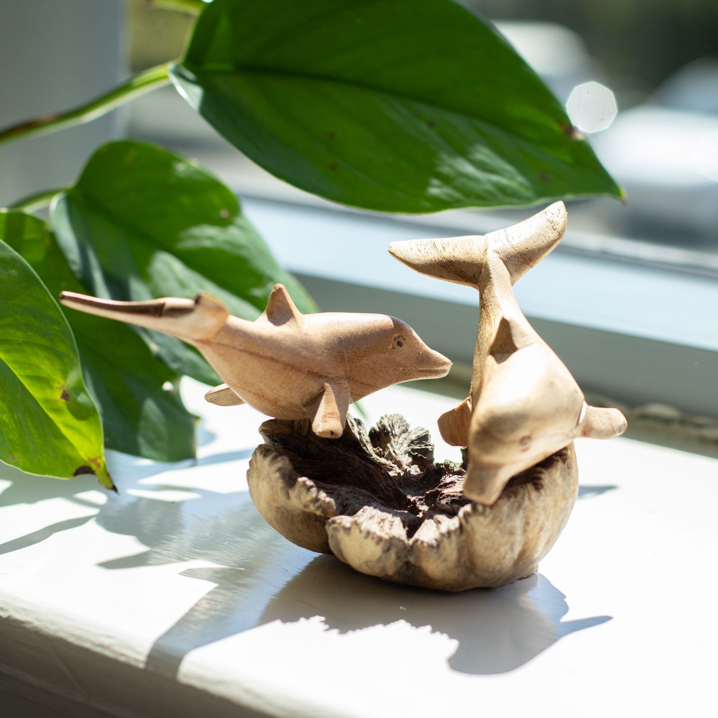 Handmade Parasite Wood Art Carving – Dolphins in Play – image 2