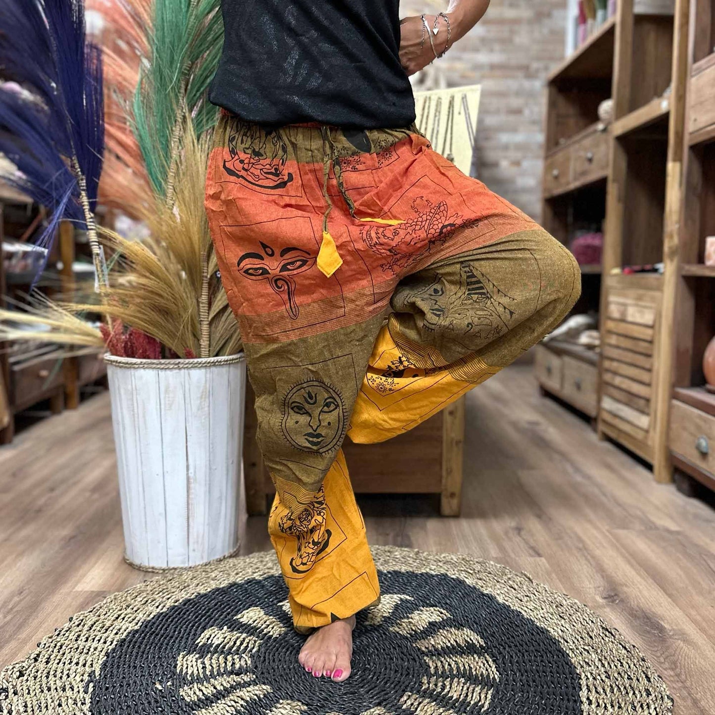 Polished Yoga and Festival Pants - High Cross Himalayan Print on Orange featuring natural patterning and unique variations - Luna Panther