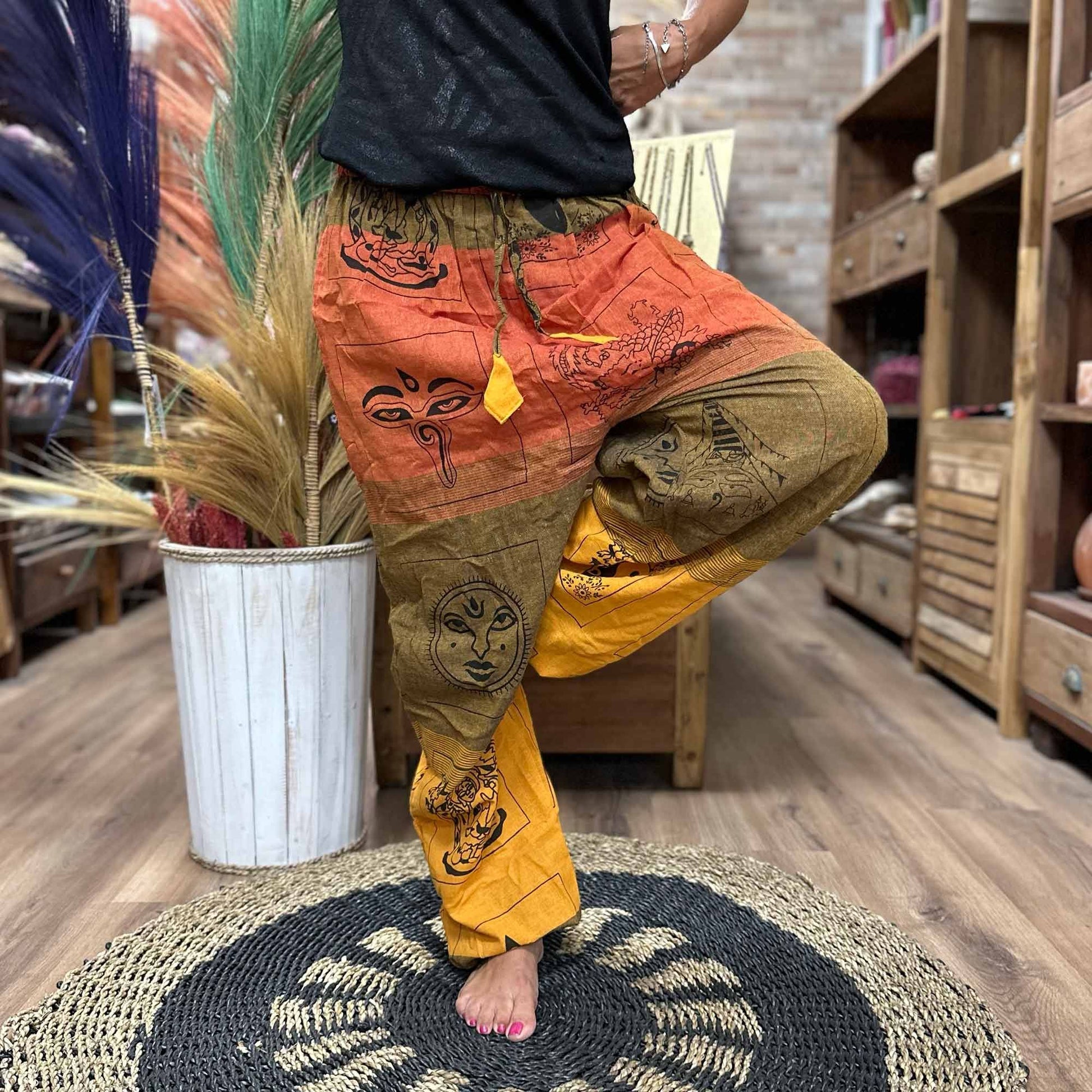 Polished Yoga and Festival Pants - High Cross Himalayan Print on Orange featuring natural patterning and unique variations - Luna Panther