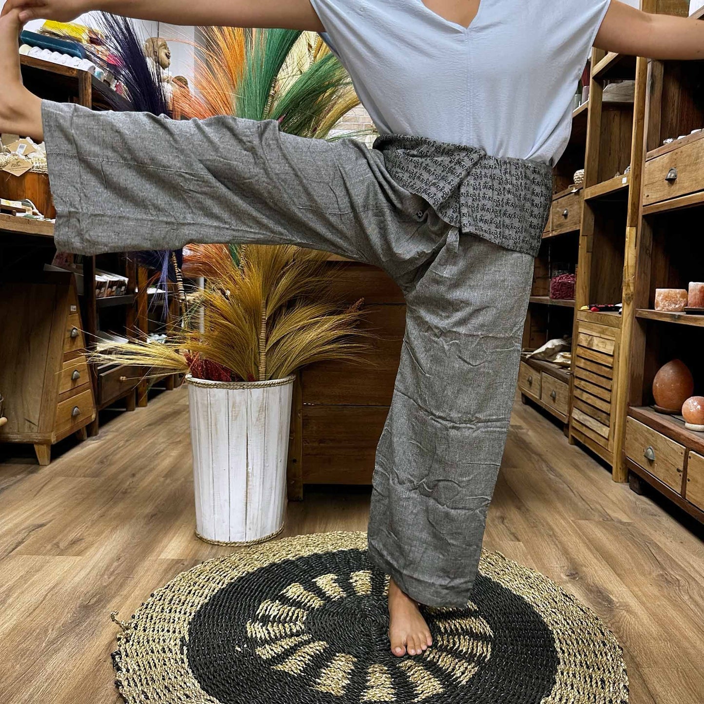Polished Yoga and Festival Pants - Thai Fisherman Mandala Mantra on Grey featuring natural patterning and unique variations - Luna Panther