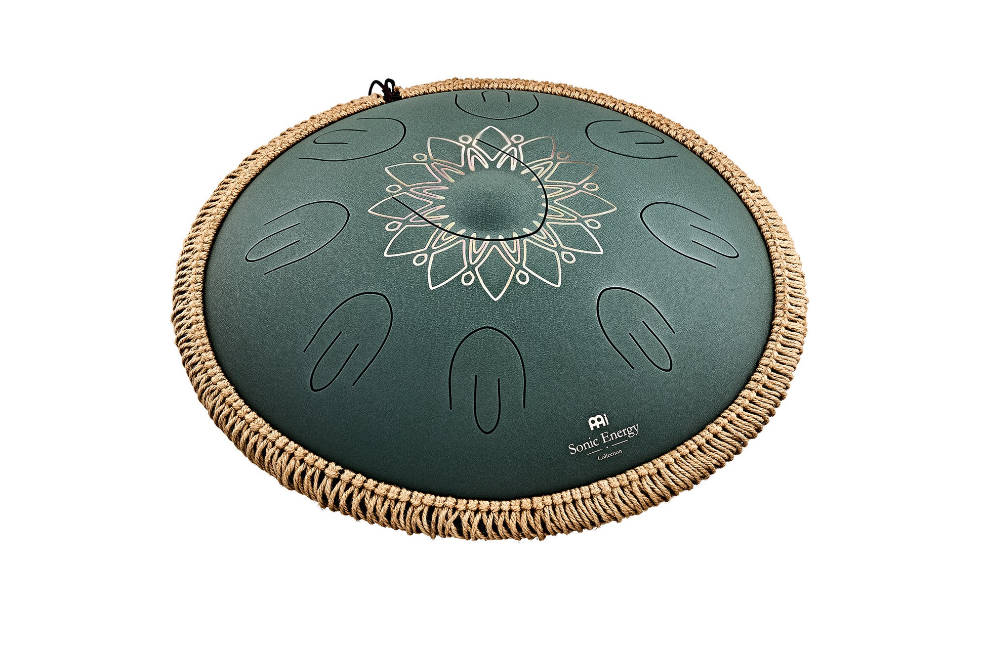 MEINL Sonic Energy Octave Steel Tongue Drum 16" - F# Minor/9 Notes>/432 Hz - Dark Green, Engraved floral desi at Luna Panther