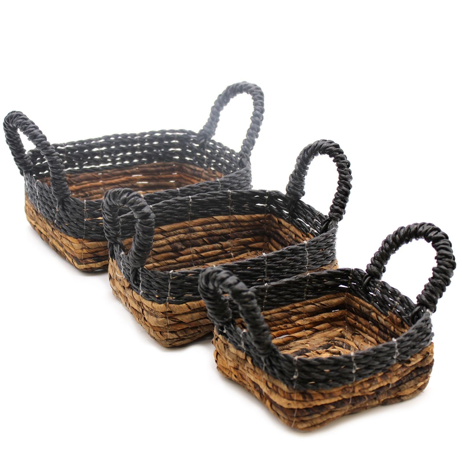 Banana Leaf & Hitam Raffia Square Basket - Set of 3 - Luna Panther