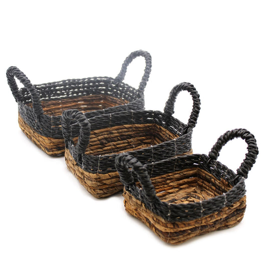 Banana Leaf & Hitam Raffia Square Basket - Set of 3 - Luna Panther