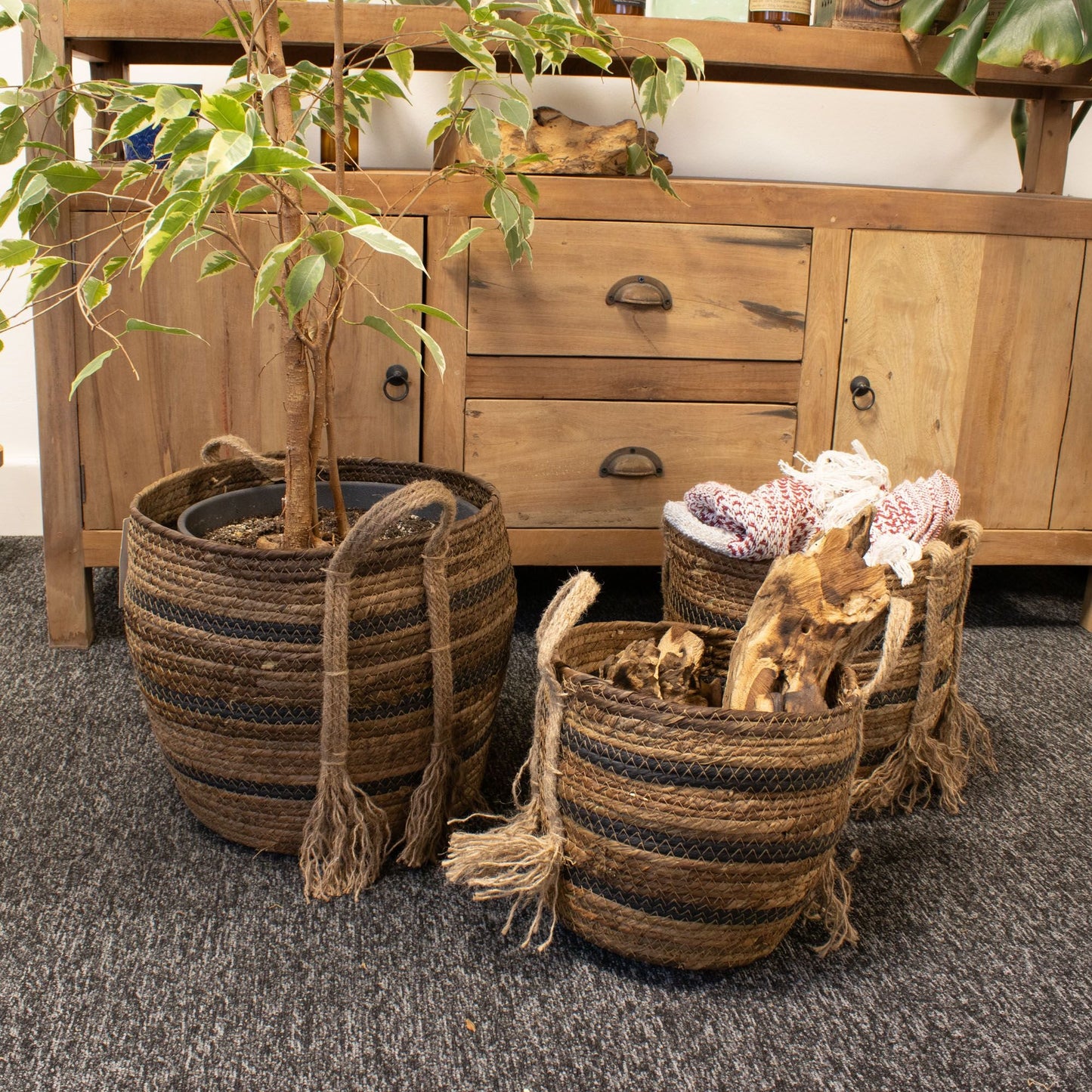Banana Leaf & Seagrass Large Baskets - Natural Browns - Set of 3 - Luna Panther