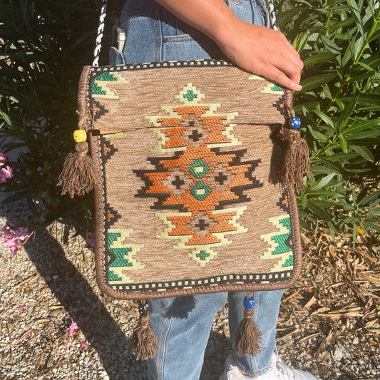 Polished Beige Kilim Messenger Festival Bag featuring natural patterning and unique variations - Luna Panther