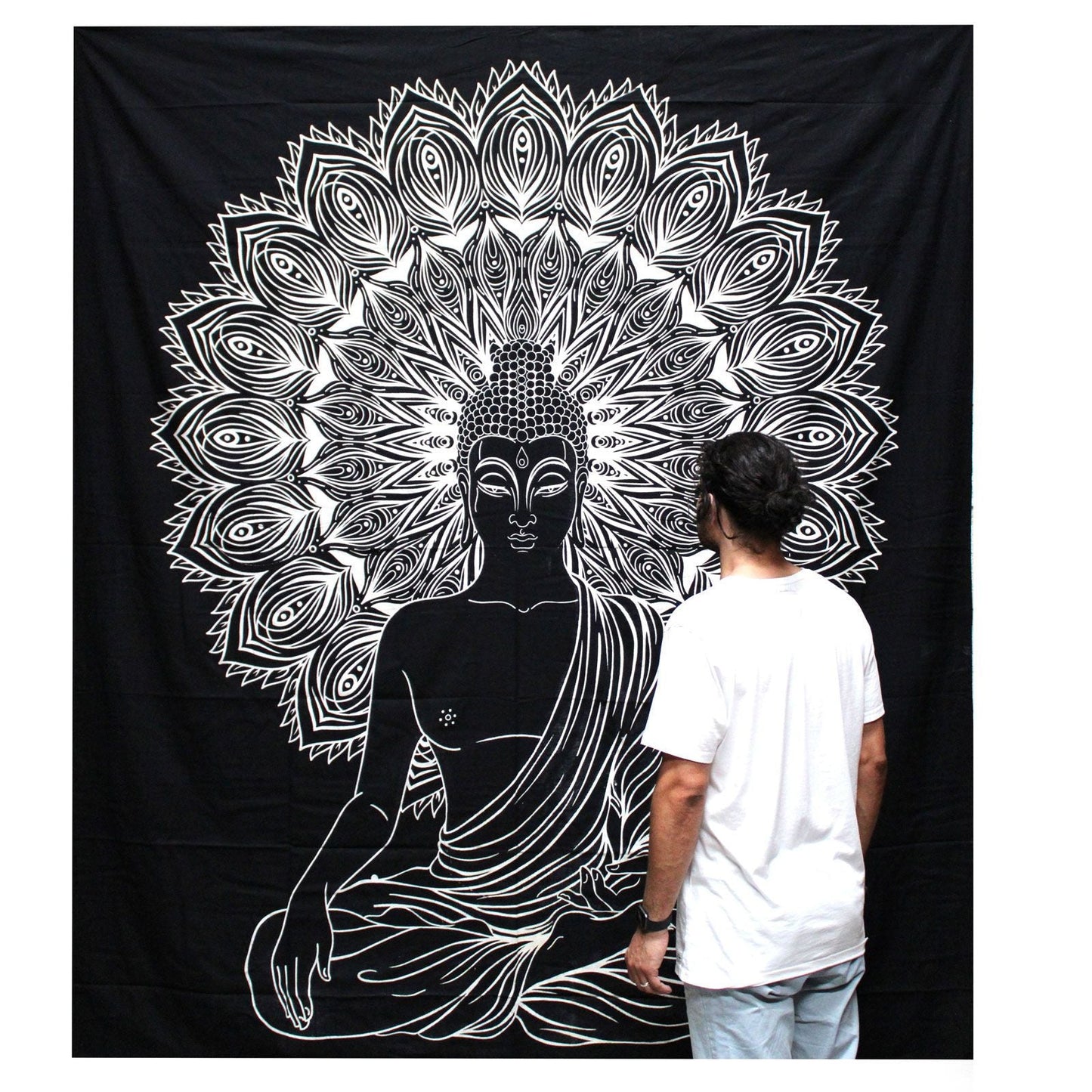 Black and White Double Cotton Bedspread + Wall Hanging - Buddha - Luna Panther