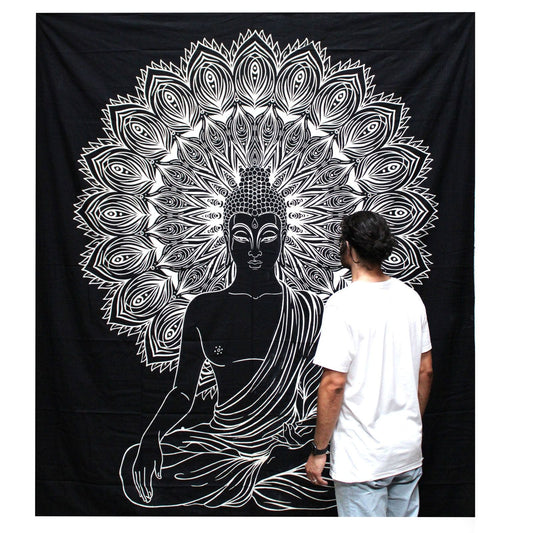 Black and White Double Cotton Bedspread + Wall Hanging - Buddha - Luna Panther alternate view
