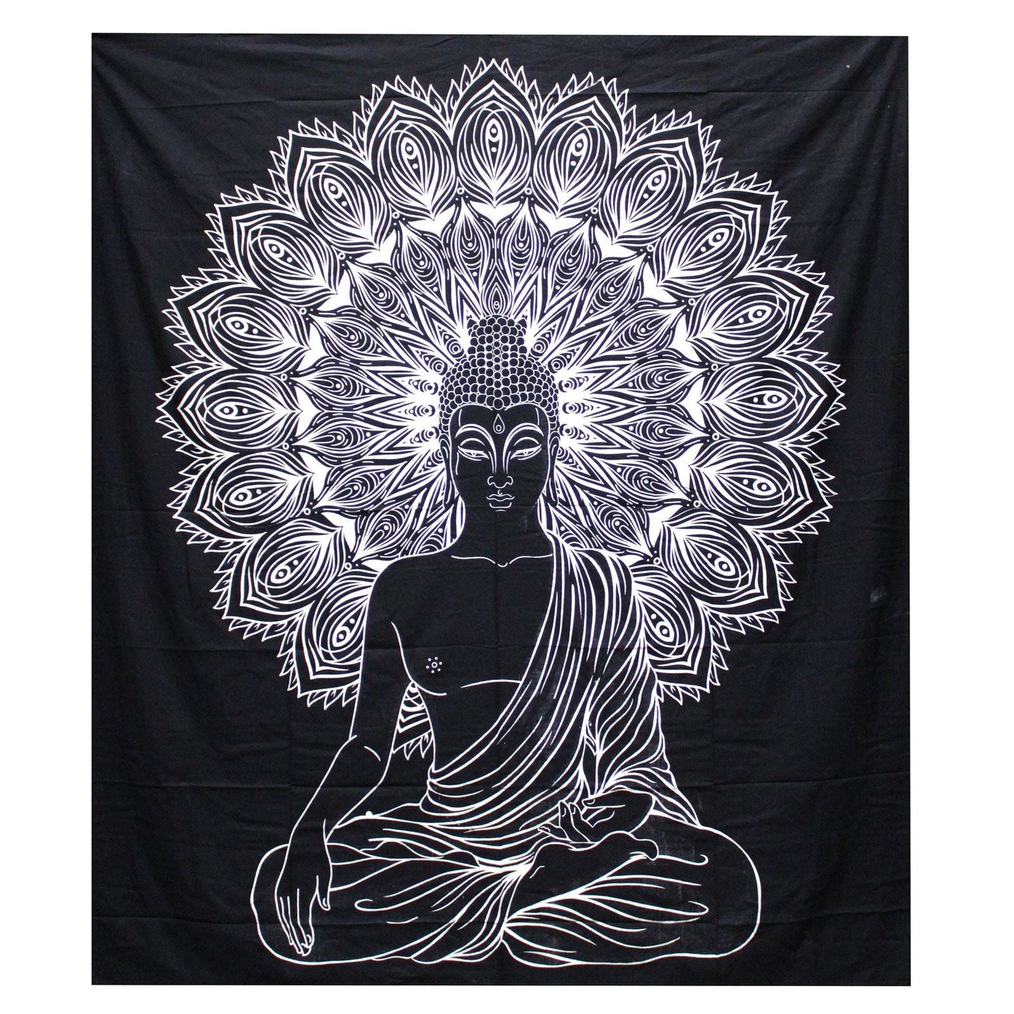 Black and White Double Cotton Bedspread + Wall Hanging - Buddha - Luna Panther